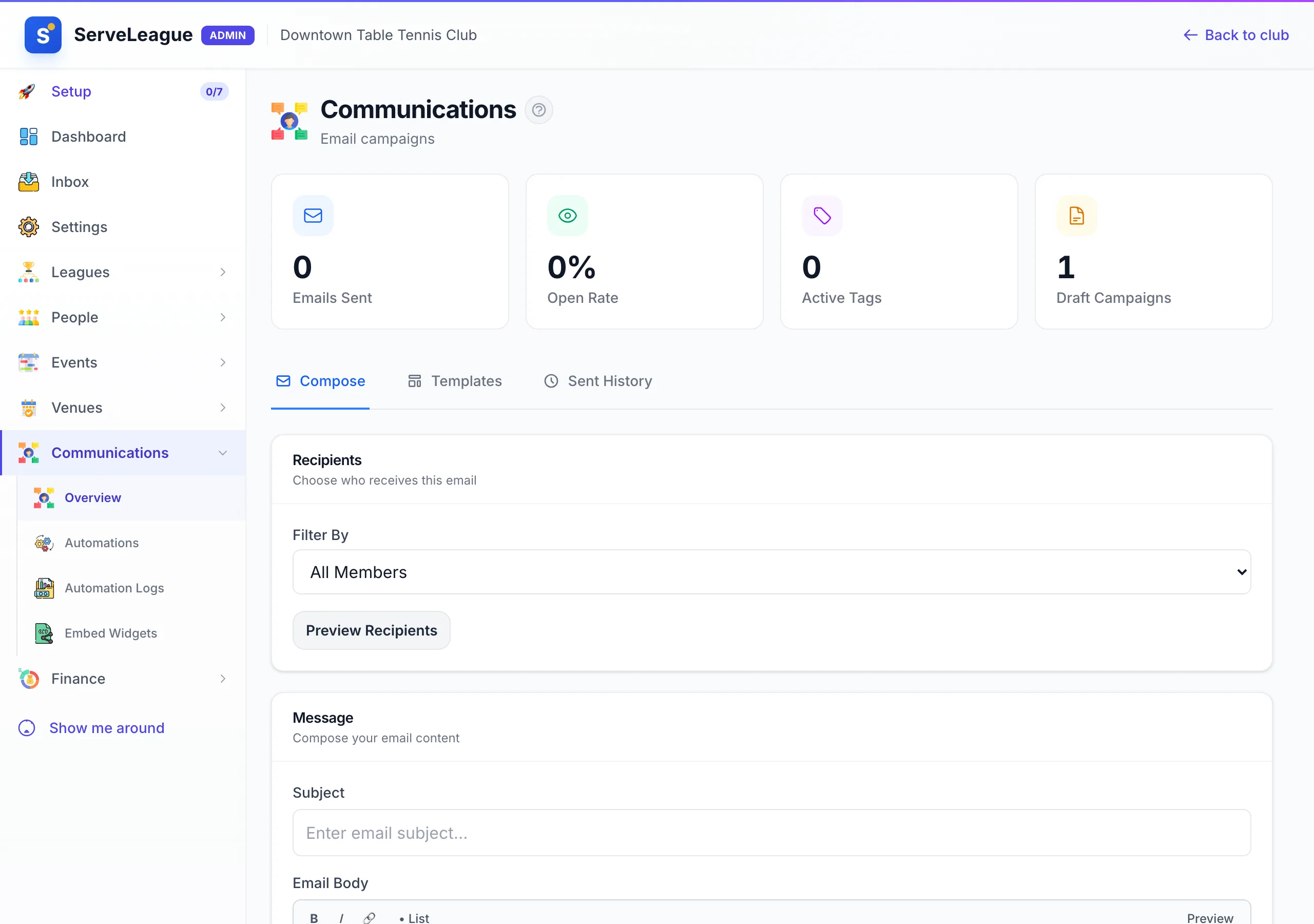 ServeLeague email composer showing subject line, rich text body, and audience selection