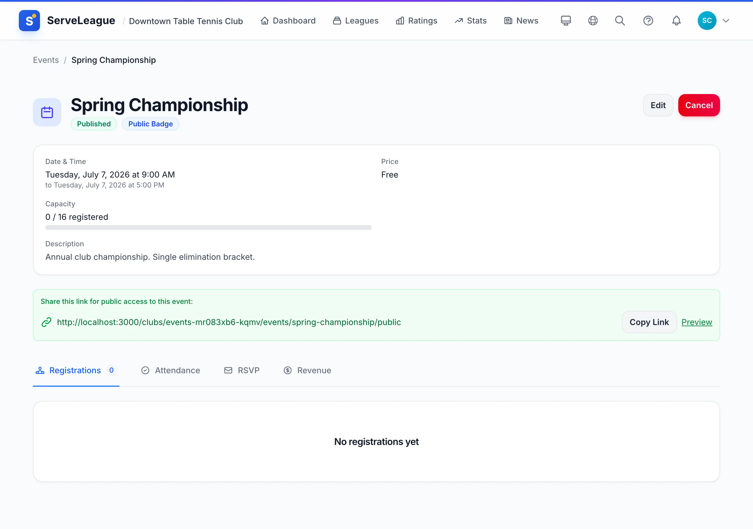 ServeLeague event detail page showing description, capacity, and registration tracking