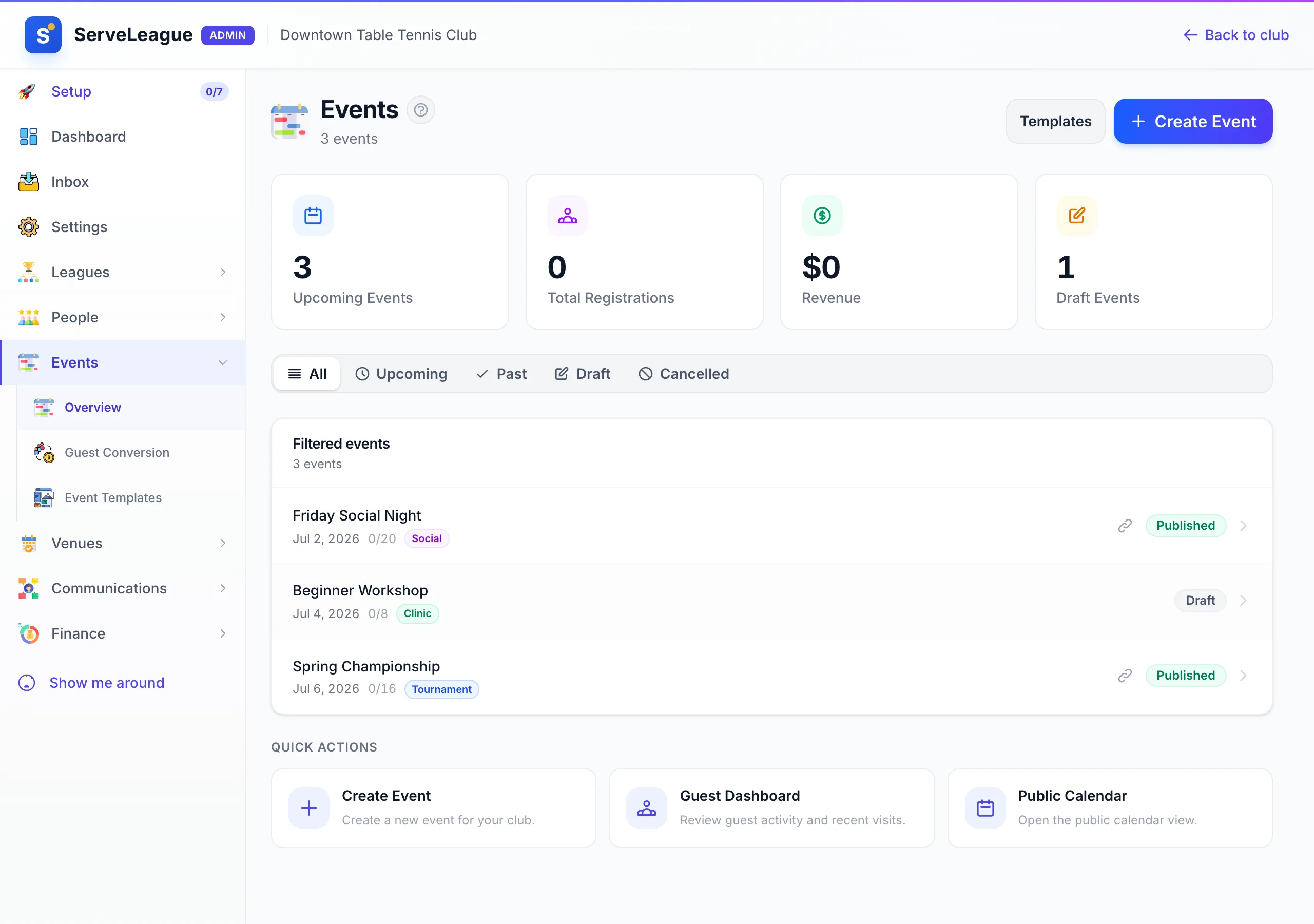 ServeLeague events admin listing upcoming social, tournament, and clinic events