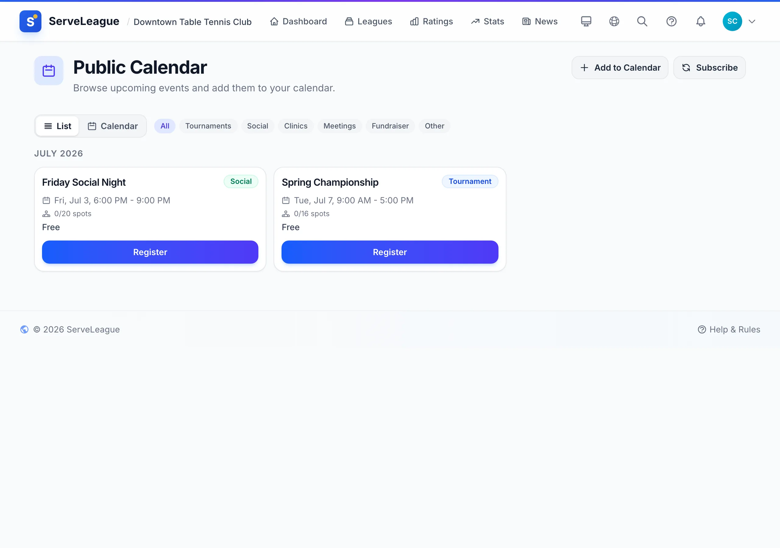 ServeLeague public club calendar listing upcoming events with calendar subscription