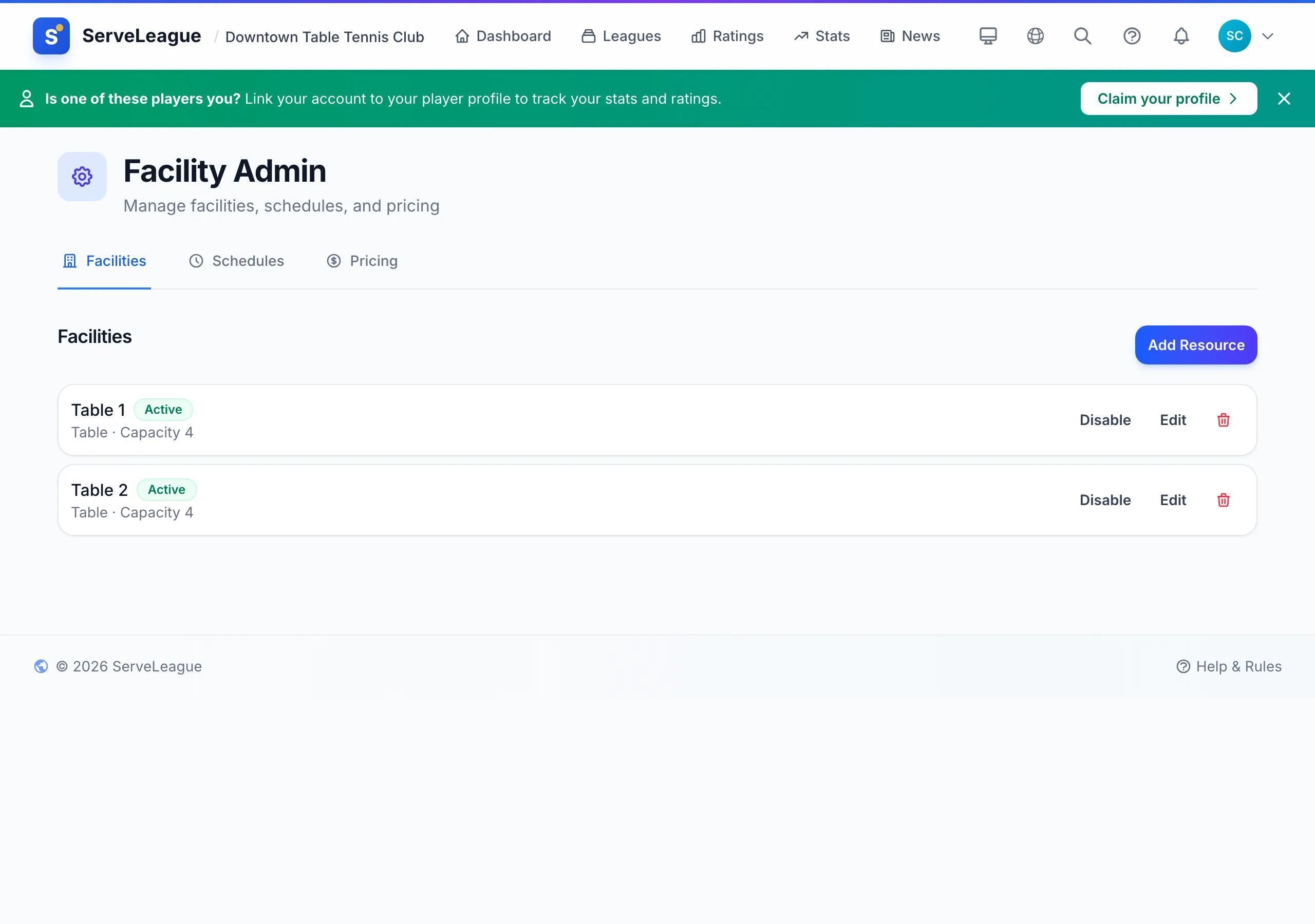 ServeLeague admin facility management showing tables with schedules and per-slot pricing