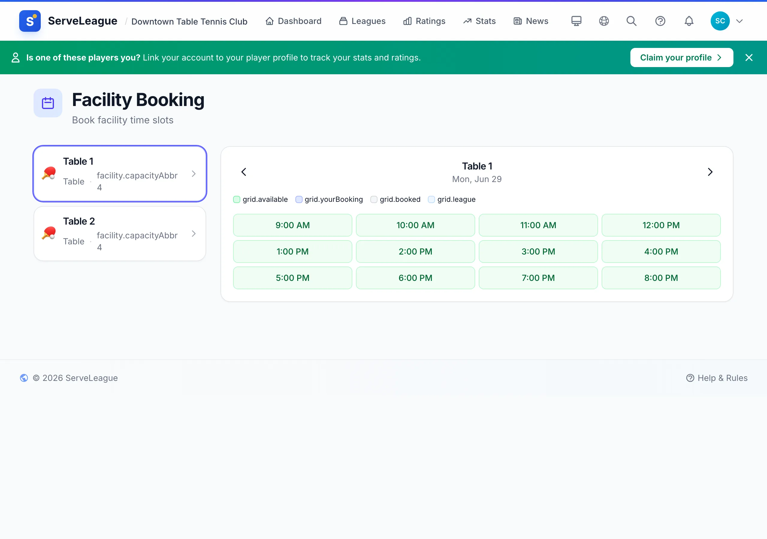 ServeLeague facility booking calendar showing available and reserved table time slots