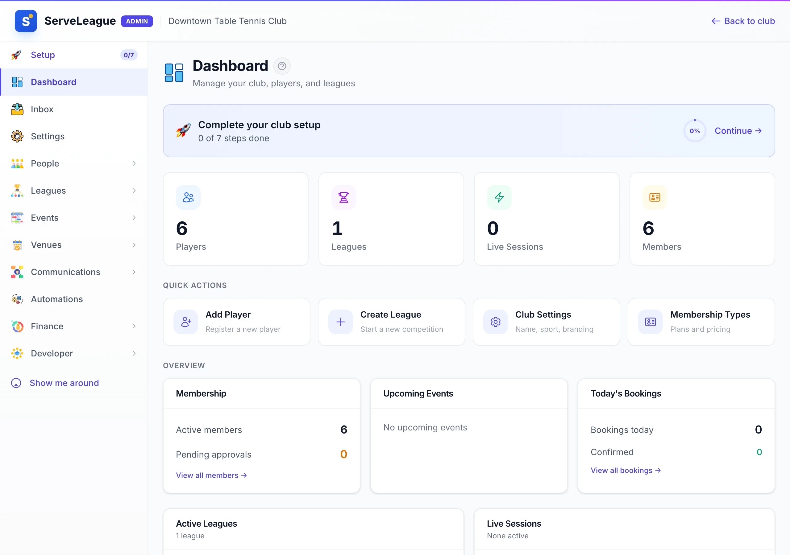 ServeLeague admin dashboard showing a cross-feature overview of club activity and quick actions