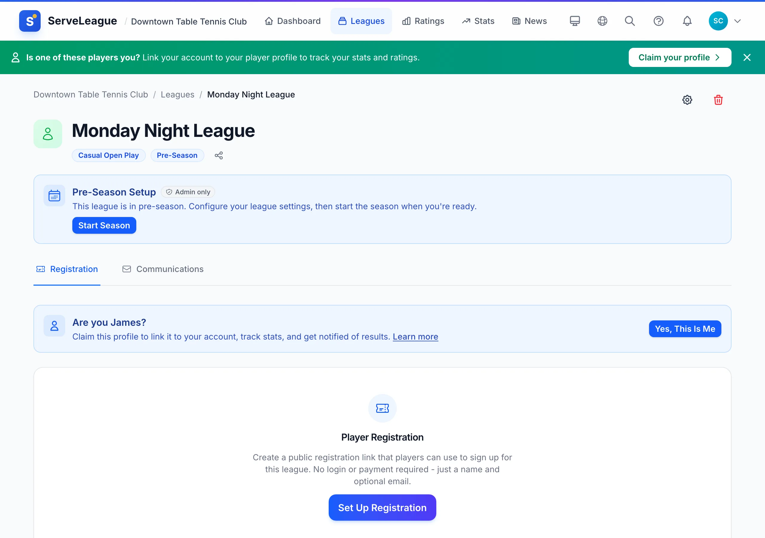 ServeLeague league standings table ranking players by points and rating