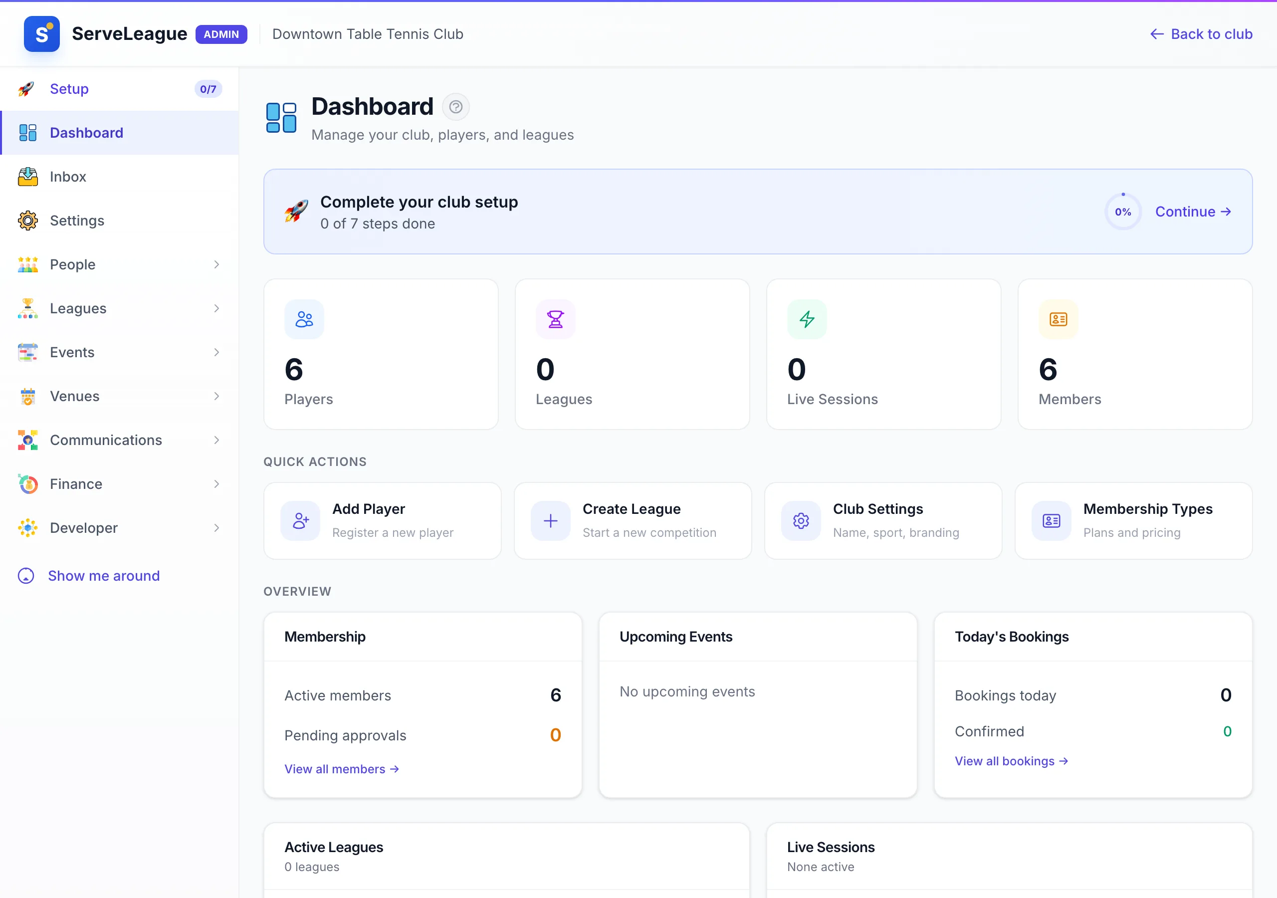 ServeLeague club admin dashboard summarising membership metrics and recent activity