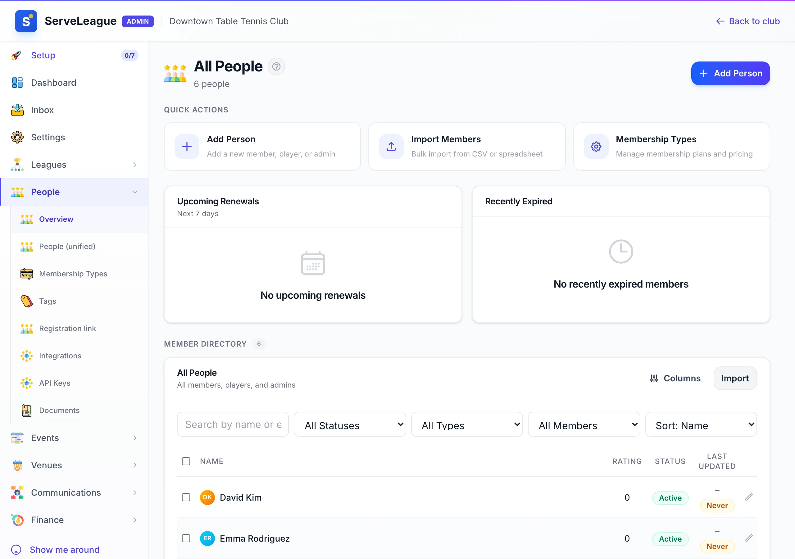 ServeLeague member directory listing club members with membership status