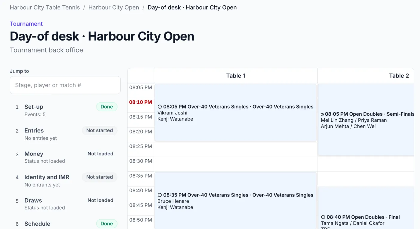 The tournament day-of desk with matches ready to call, tables in use and results to confirm