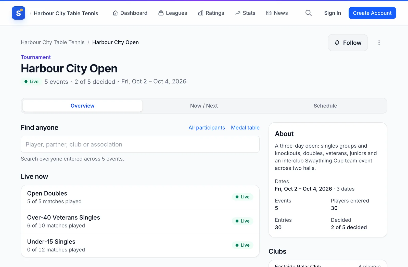 A ServeLeague tournament home page showing live matches, events and a search box to find any player