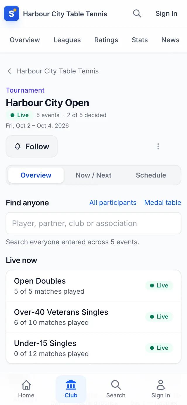 A tournament home page on a phone with Follow, live matches and a search box
