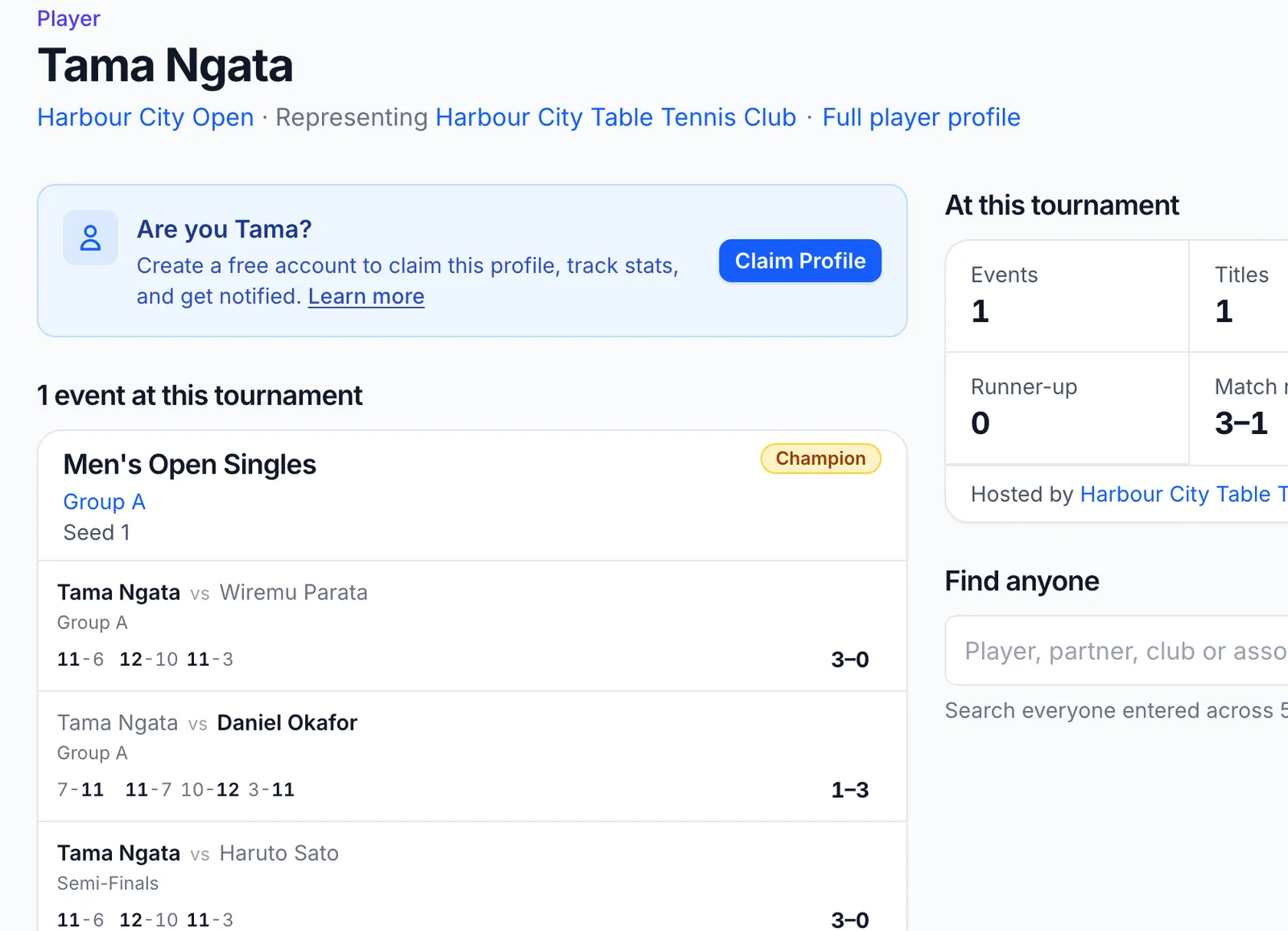 A player's tournament page with every event, match and result in one place