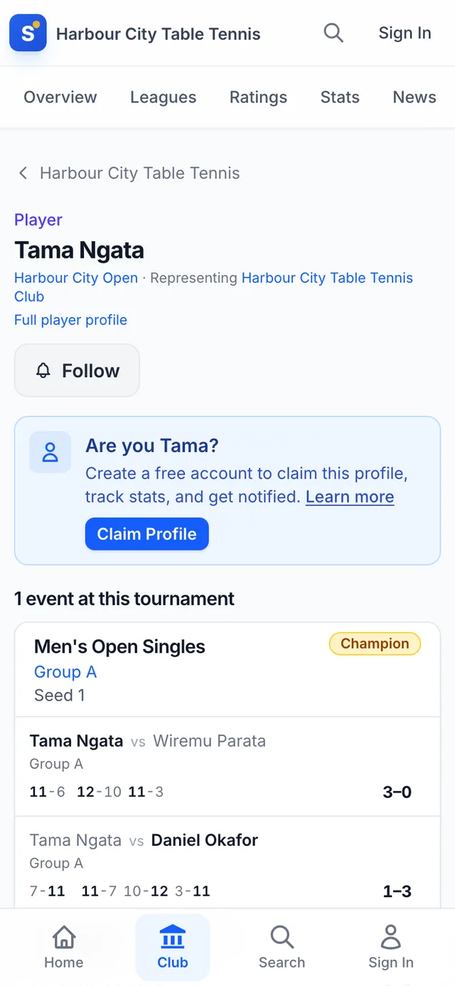 A player's tournament page on a phone, with their results and a Follow button