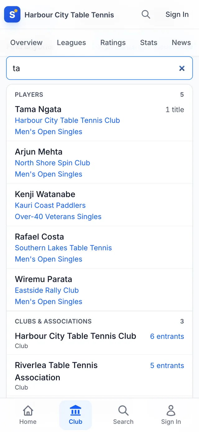 Searching a tournament on a phone: typing two letters lists matching players, clubs and associations