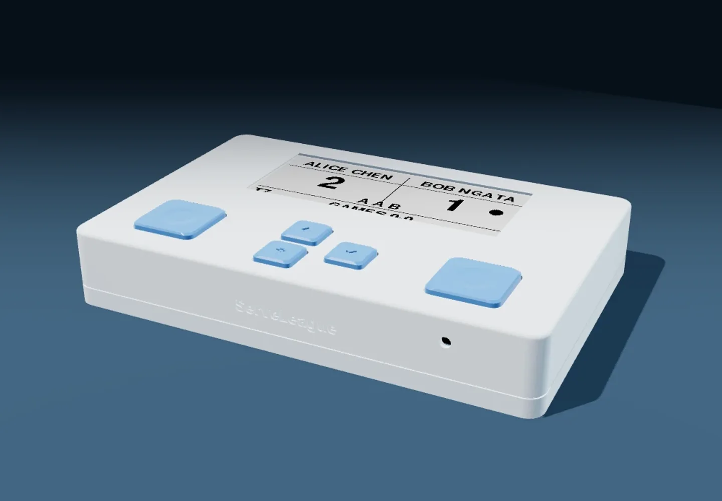 3D rendering of the custom white ServeLeague scorer with blue physical buttons