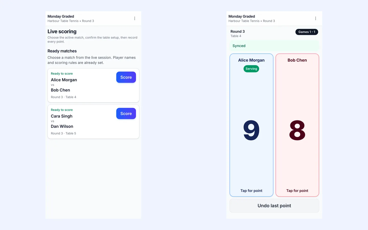 ServeLeague mobile scoring showing match selection and point entry with undo