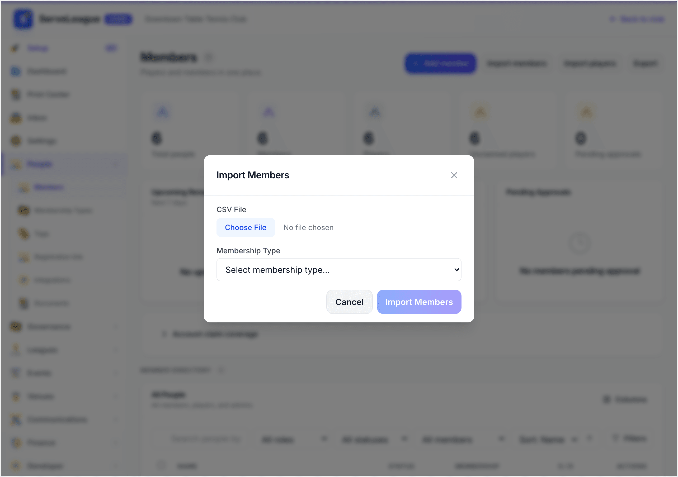 Import panel with file selection and CSV column preview