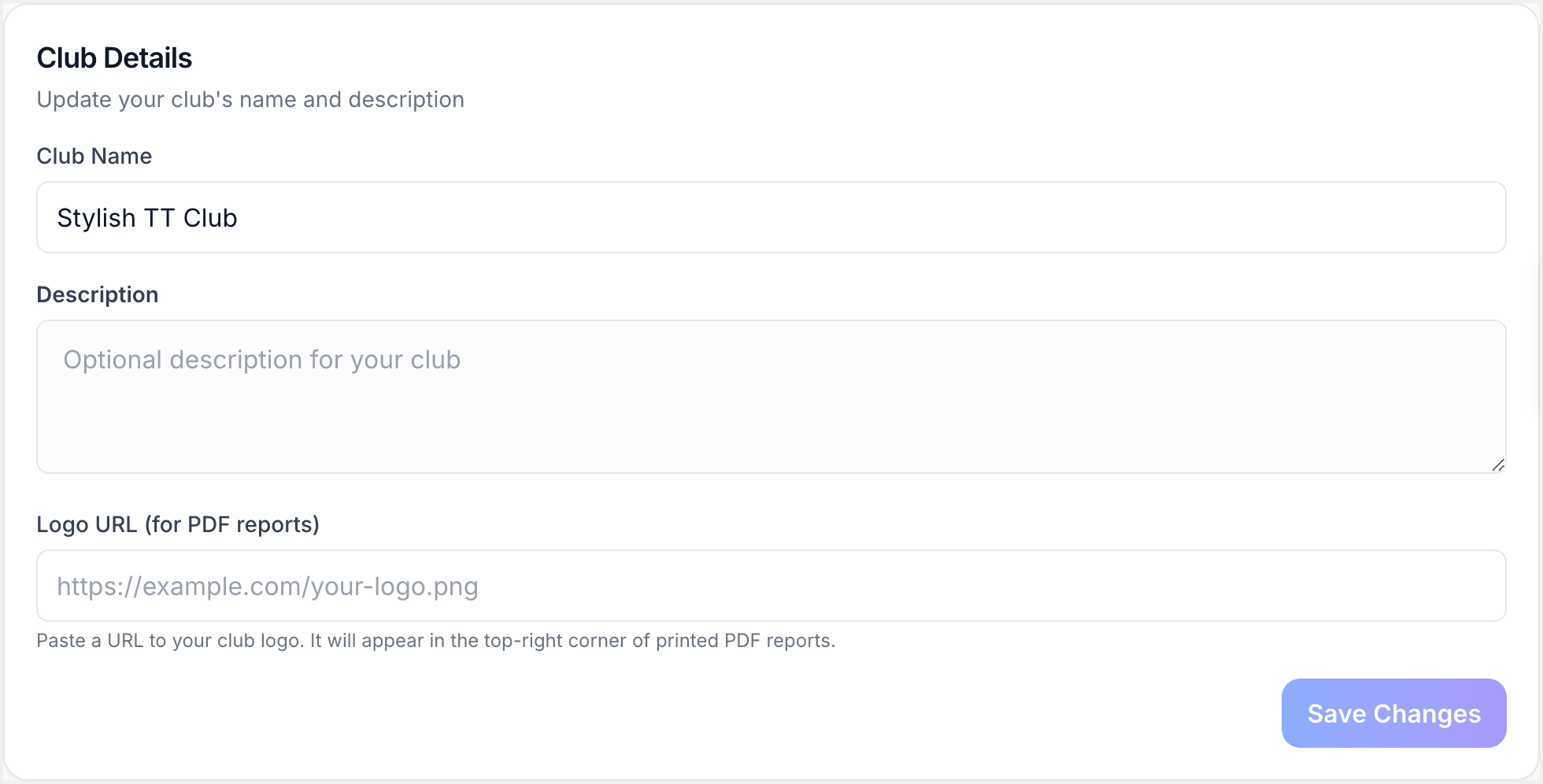 Club details card with name, description, and logo URL fields