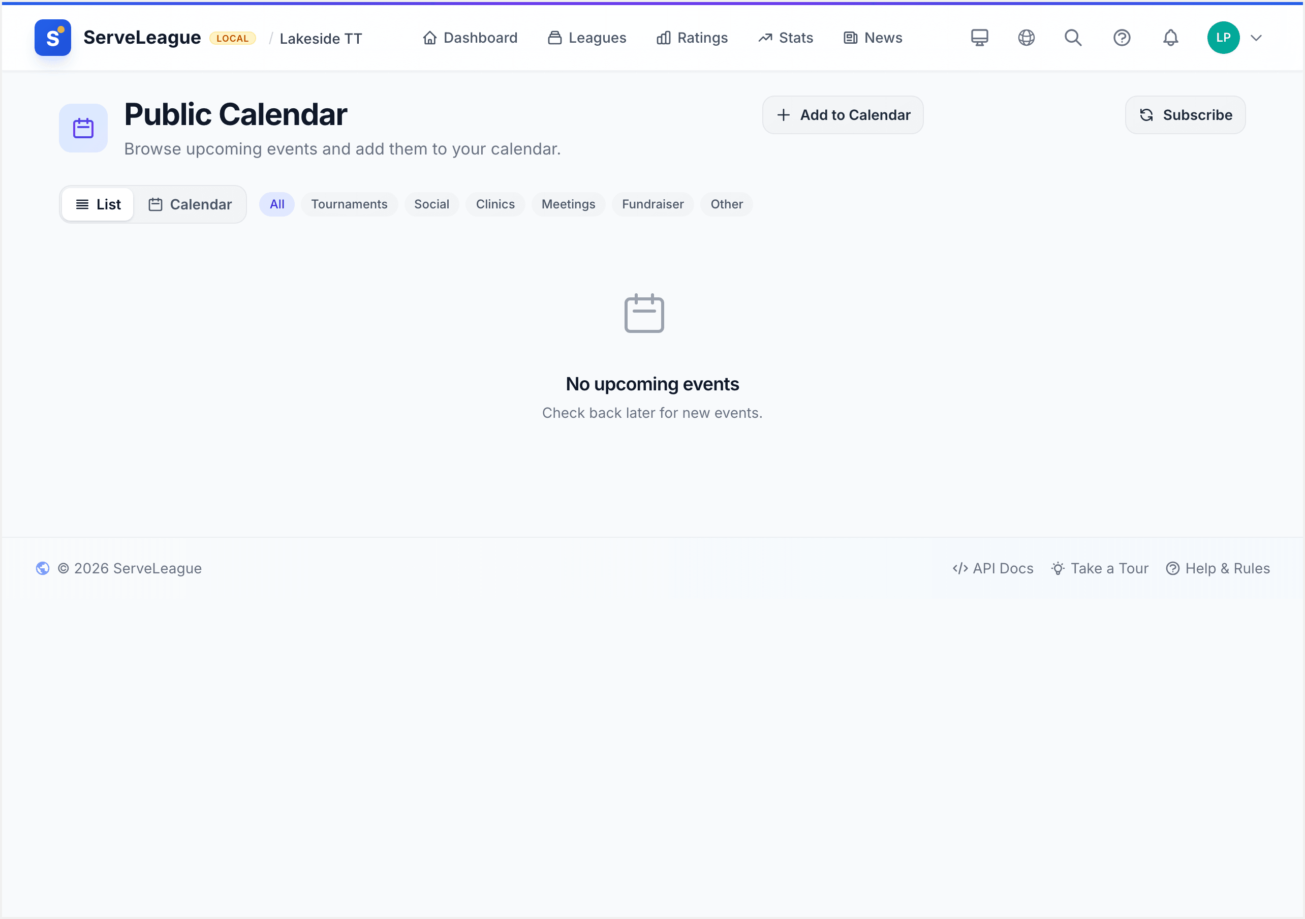 Month view of the club calendar showing events, sessions, and bookings as colored blocks