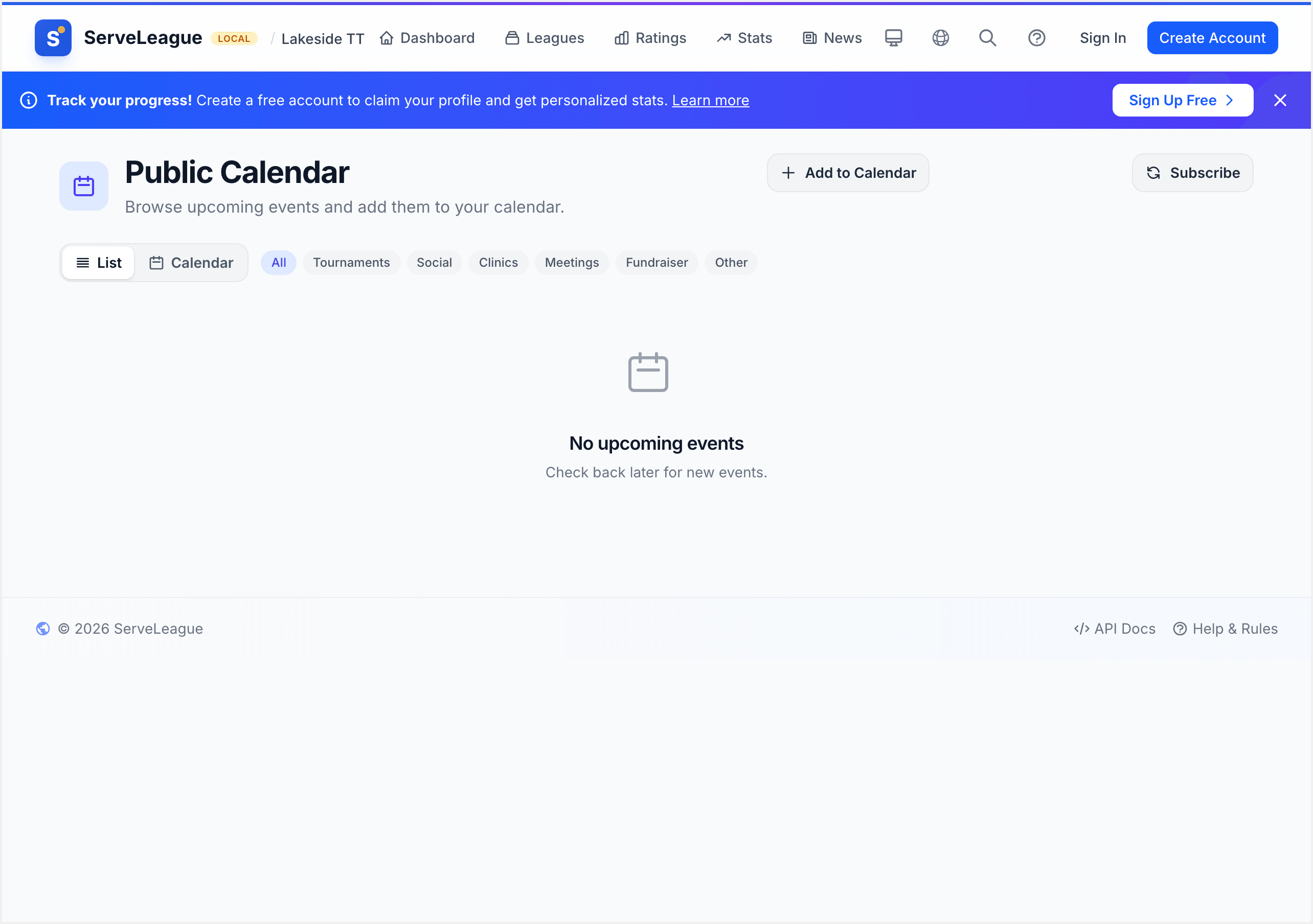 The public calendar page as seen by a visitor who is not logged in
