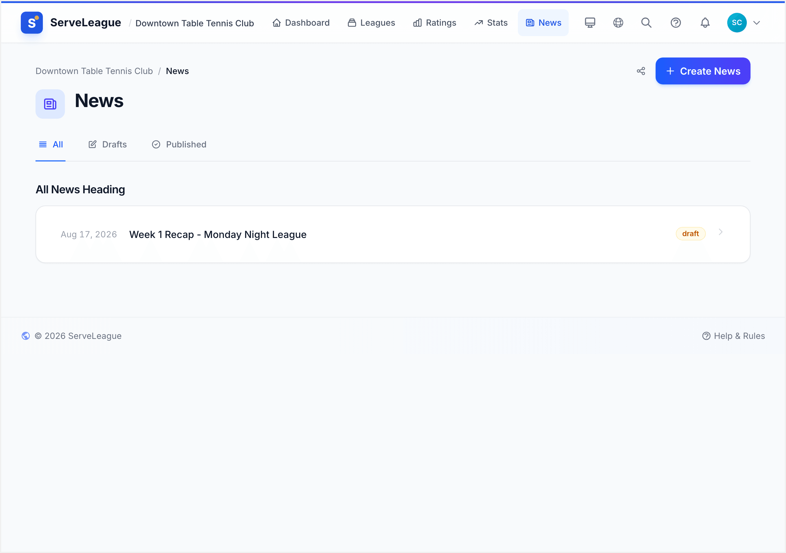 The club news page showing the empty state with a "Create News" button