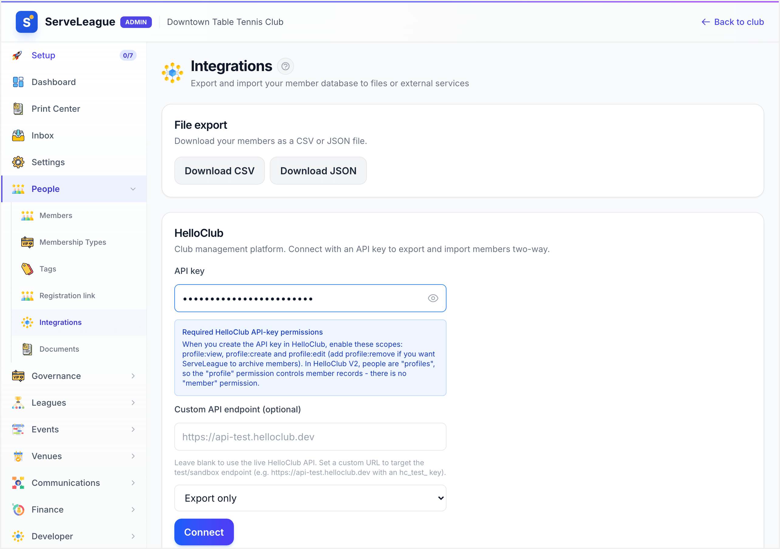 The HelloClub connection screen with a scoped API key entered and the Connect button ready
