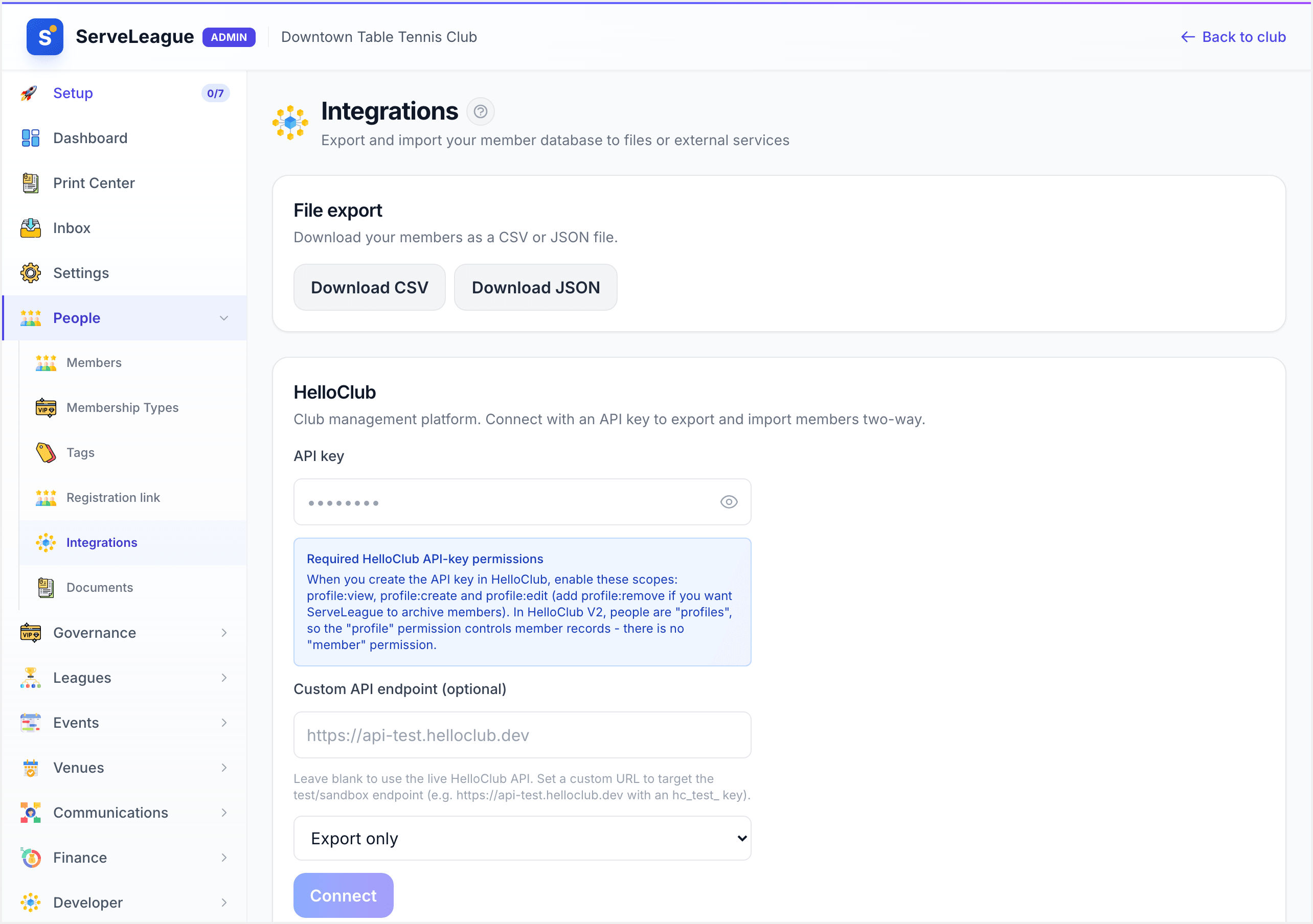 The ServeLeague Integrations screen showing File export and the HelloClub external service