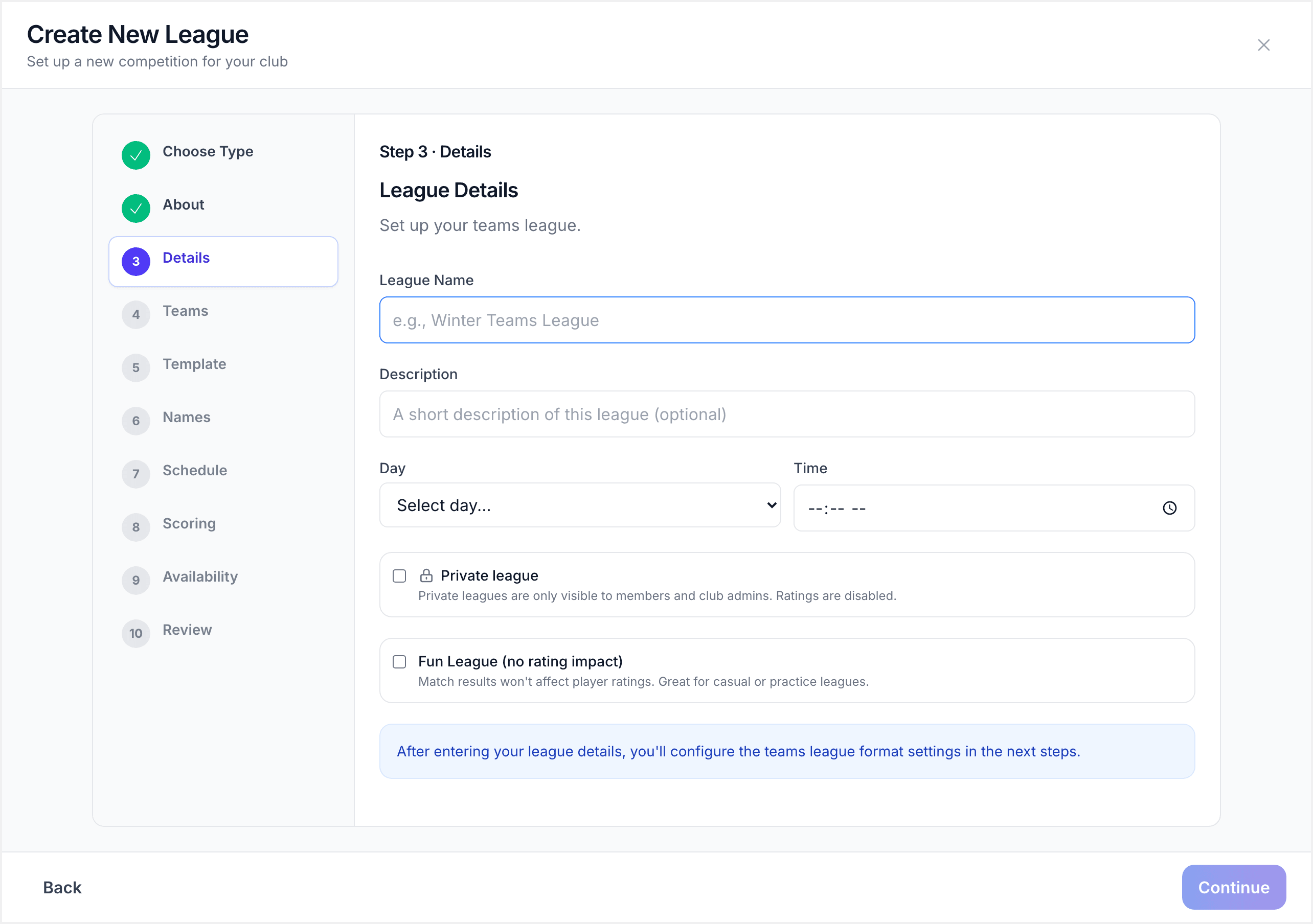 League basics step showing name, description, and schedule fields