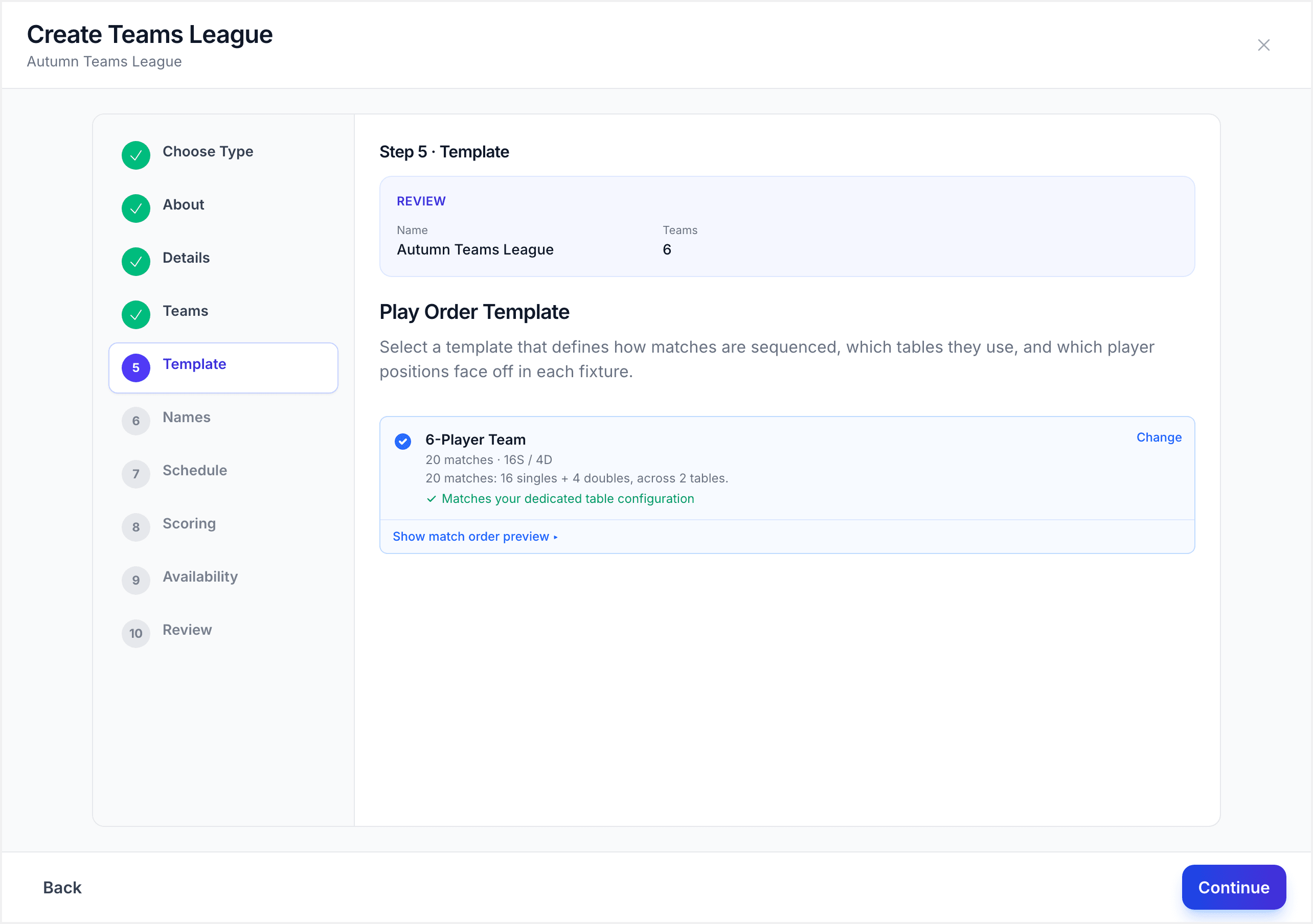 Play order template showing match sequence with drag-and-drop reordering