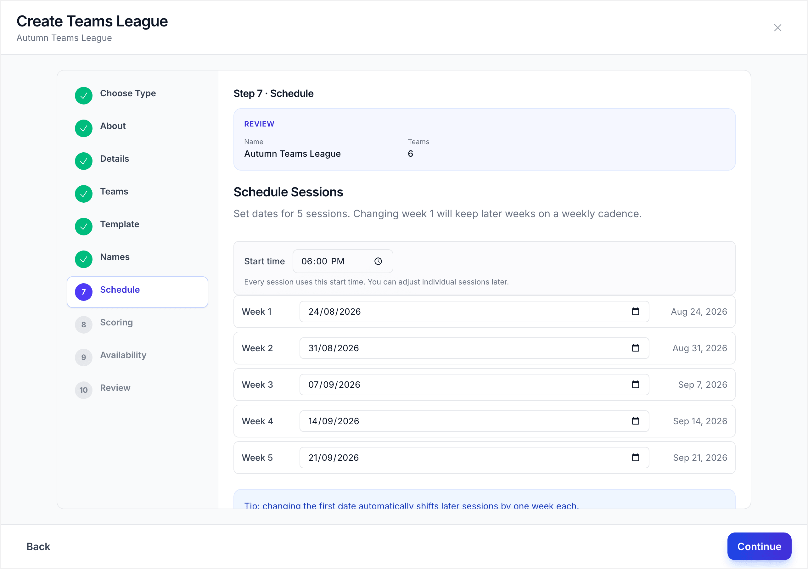 Session schedule showing generated round dates and fixtures