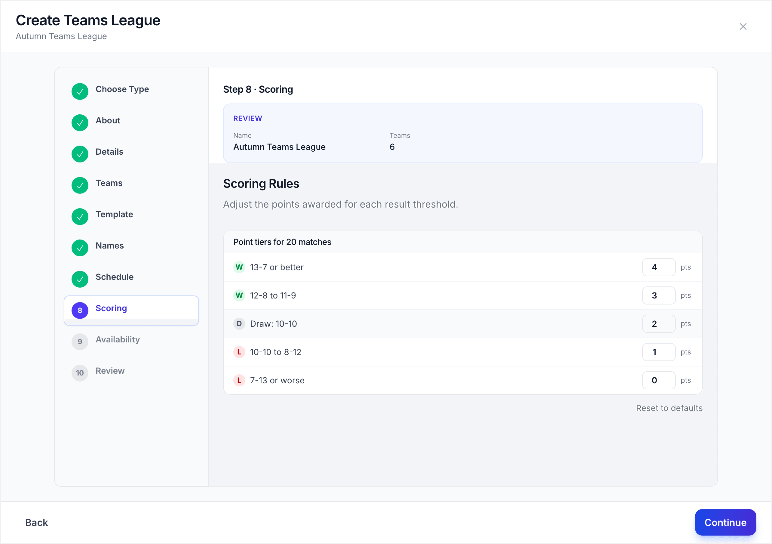 Scoring rules configuration showing points and bonus settings