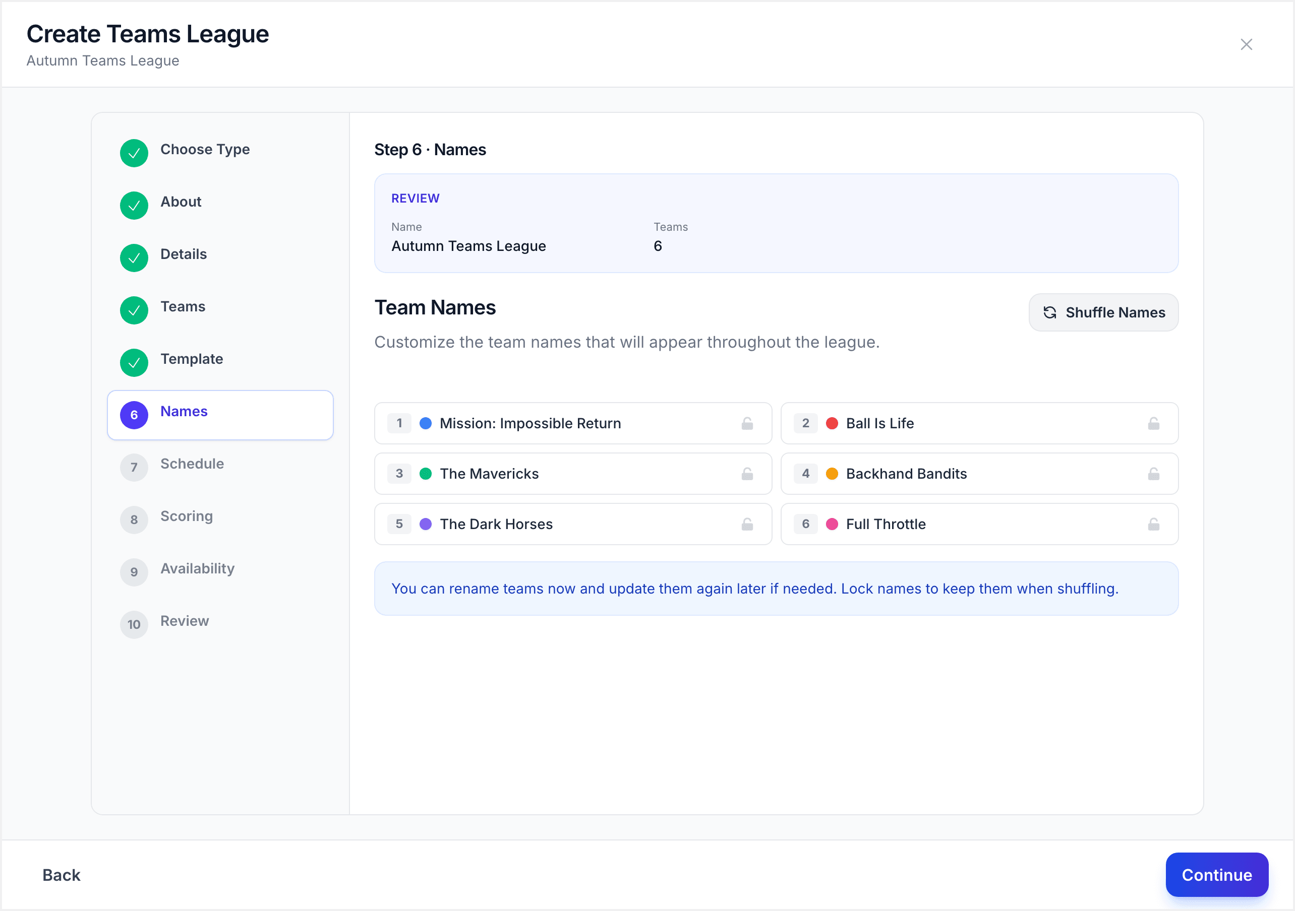 Team names step showing name fields for each team in each division