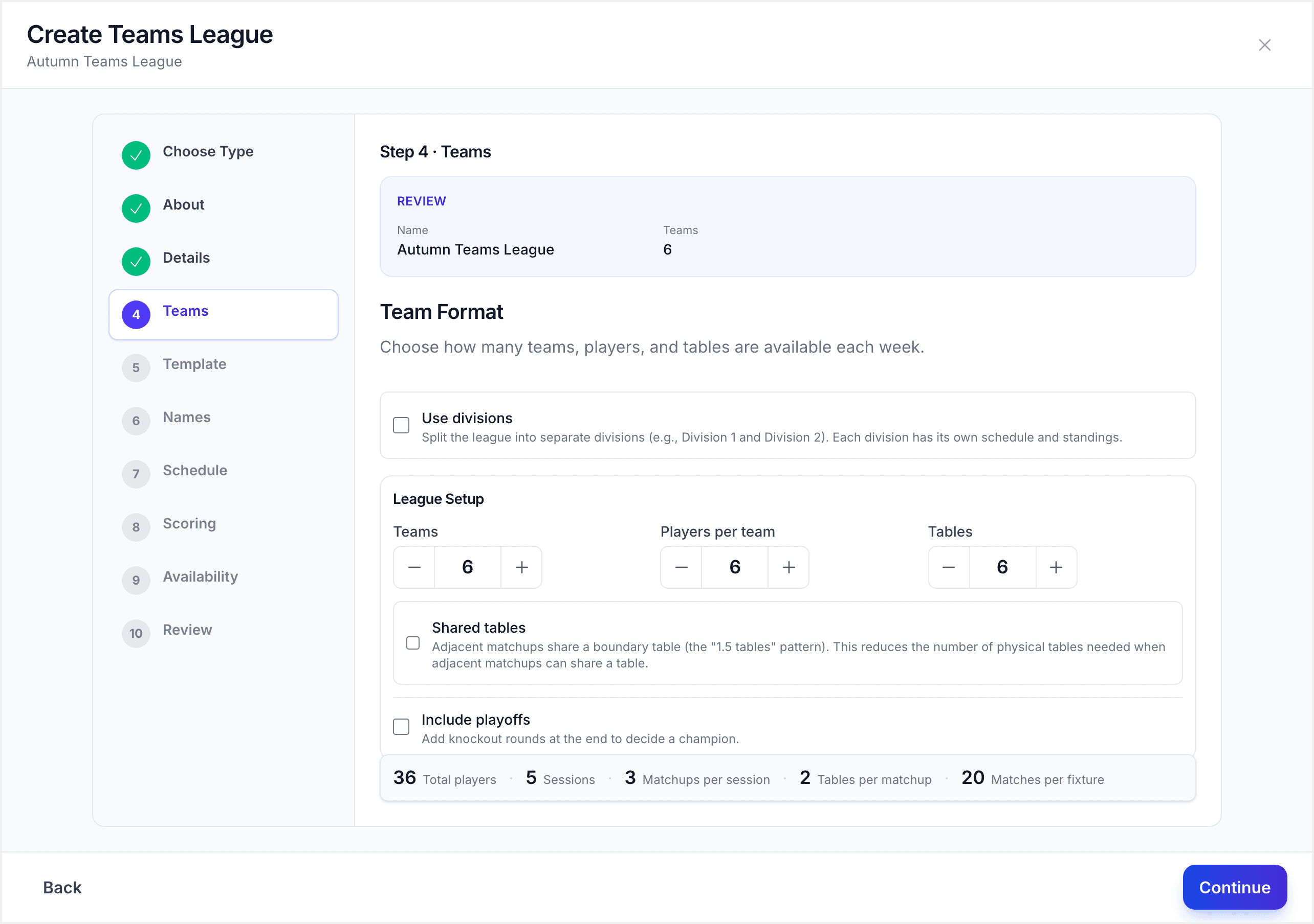 Team configuration showing division setup with team count and players per team