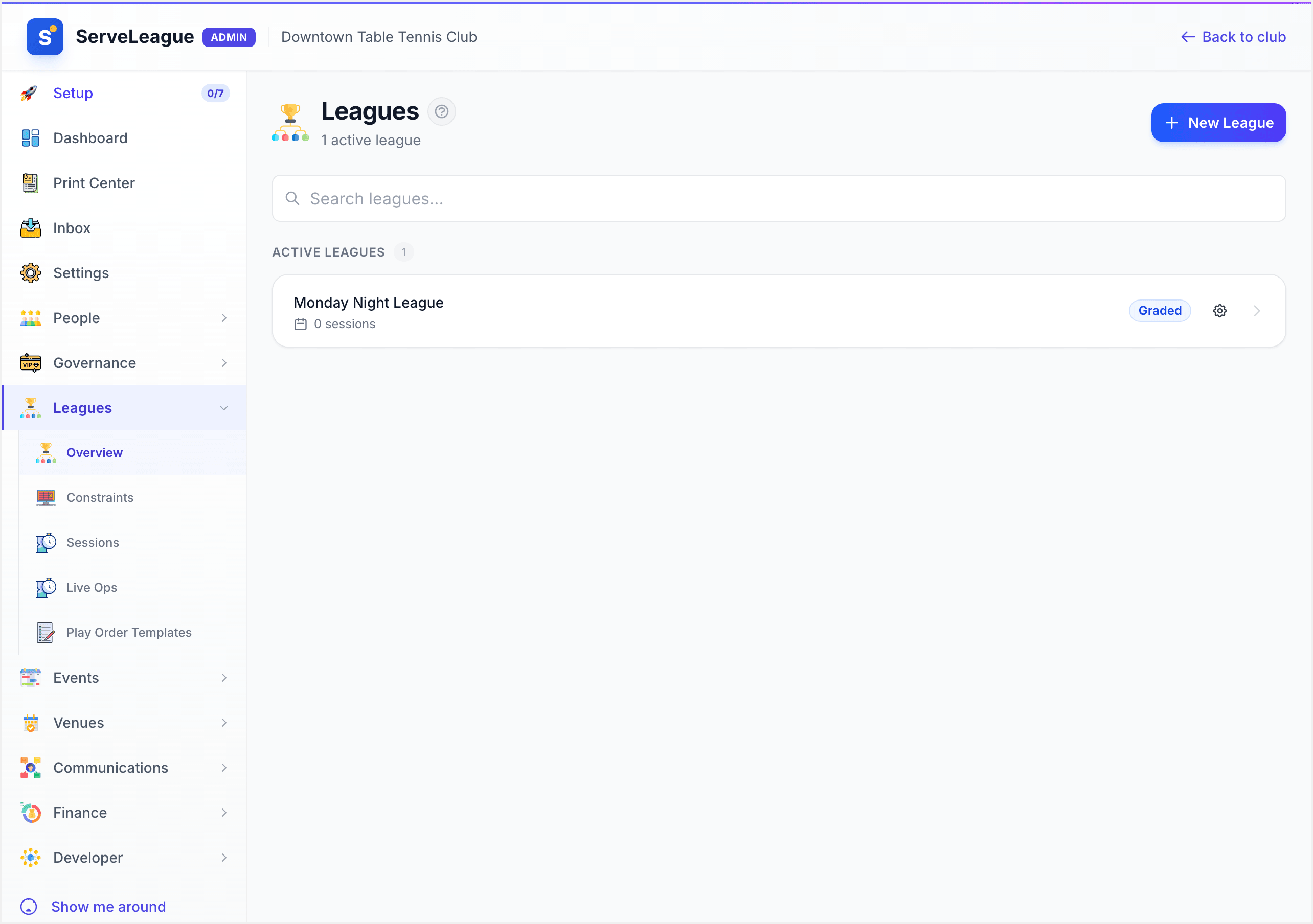 Leagues page with Create League button
