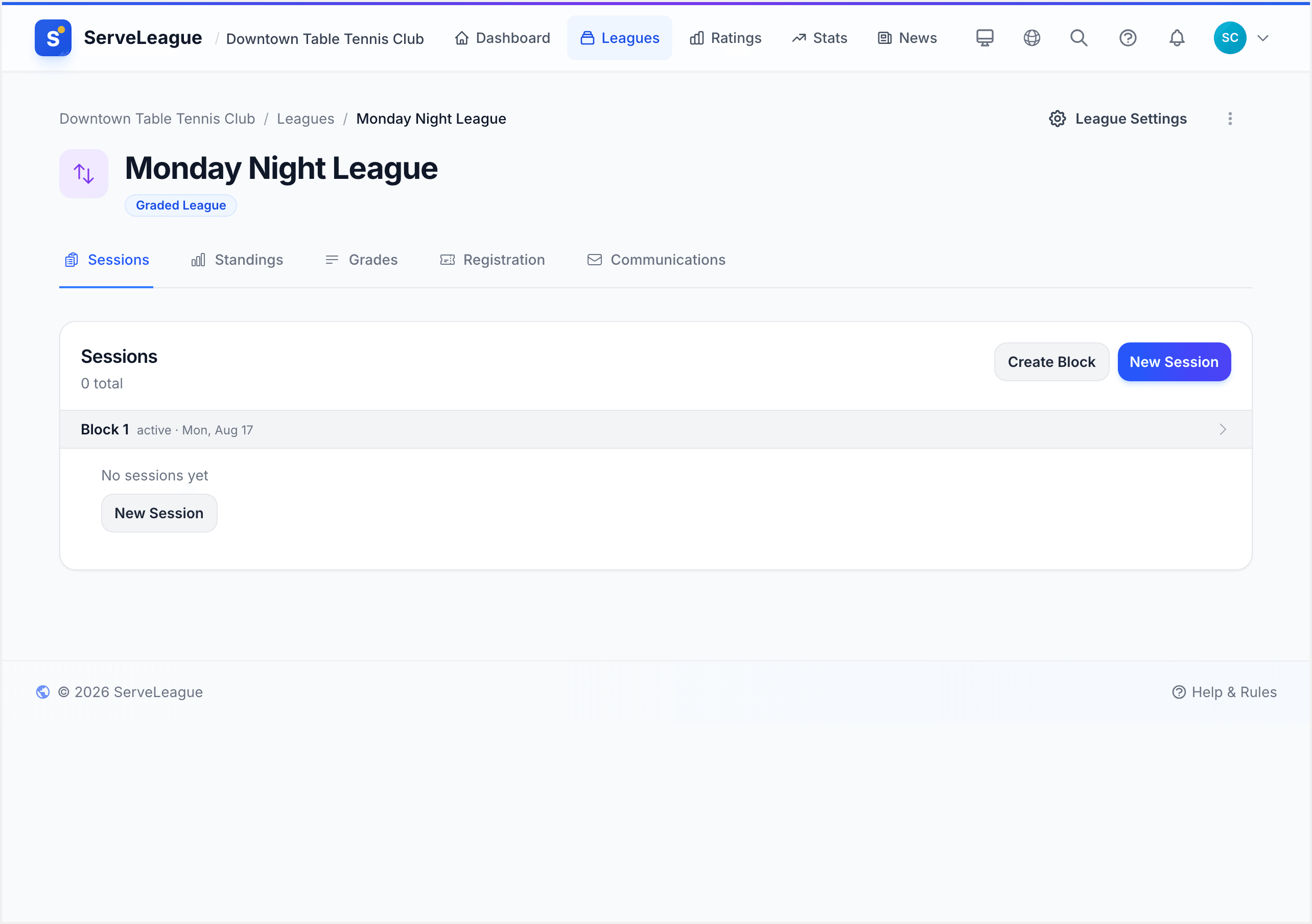 League detail page with standings and session list