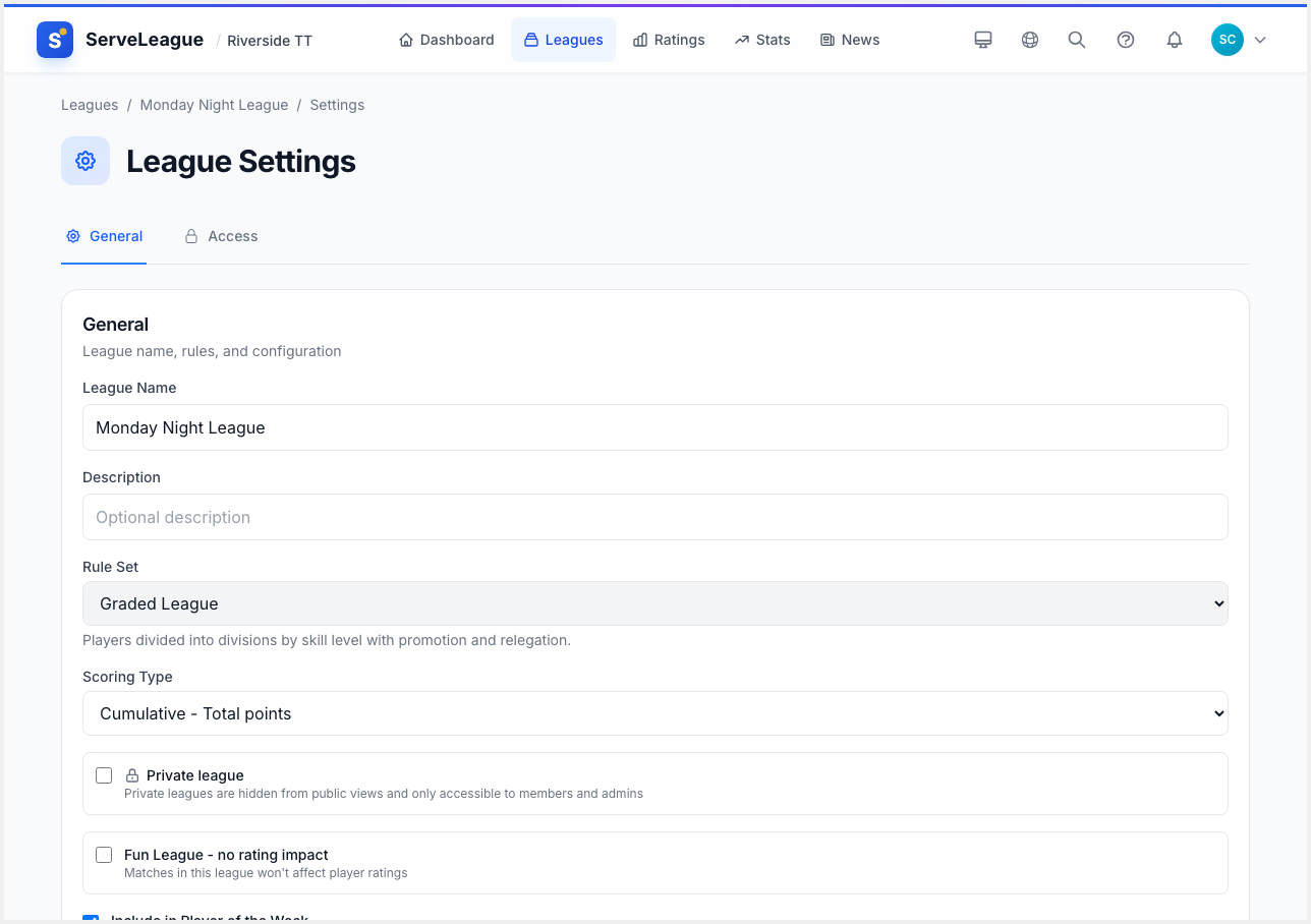 League settings page