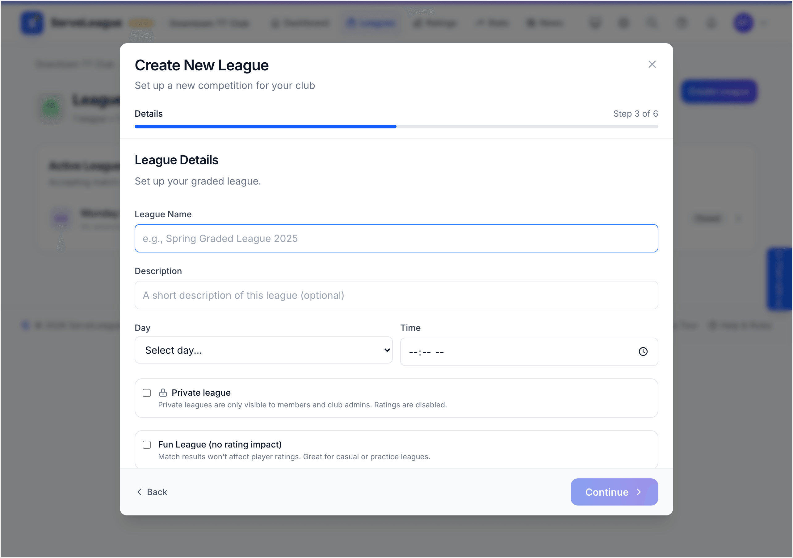 Review step showing all league settings before creation