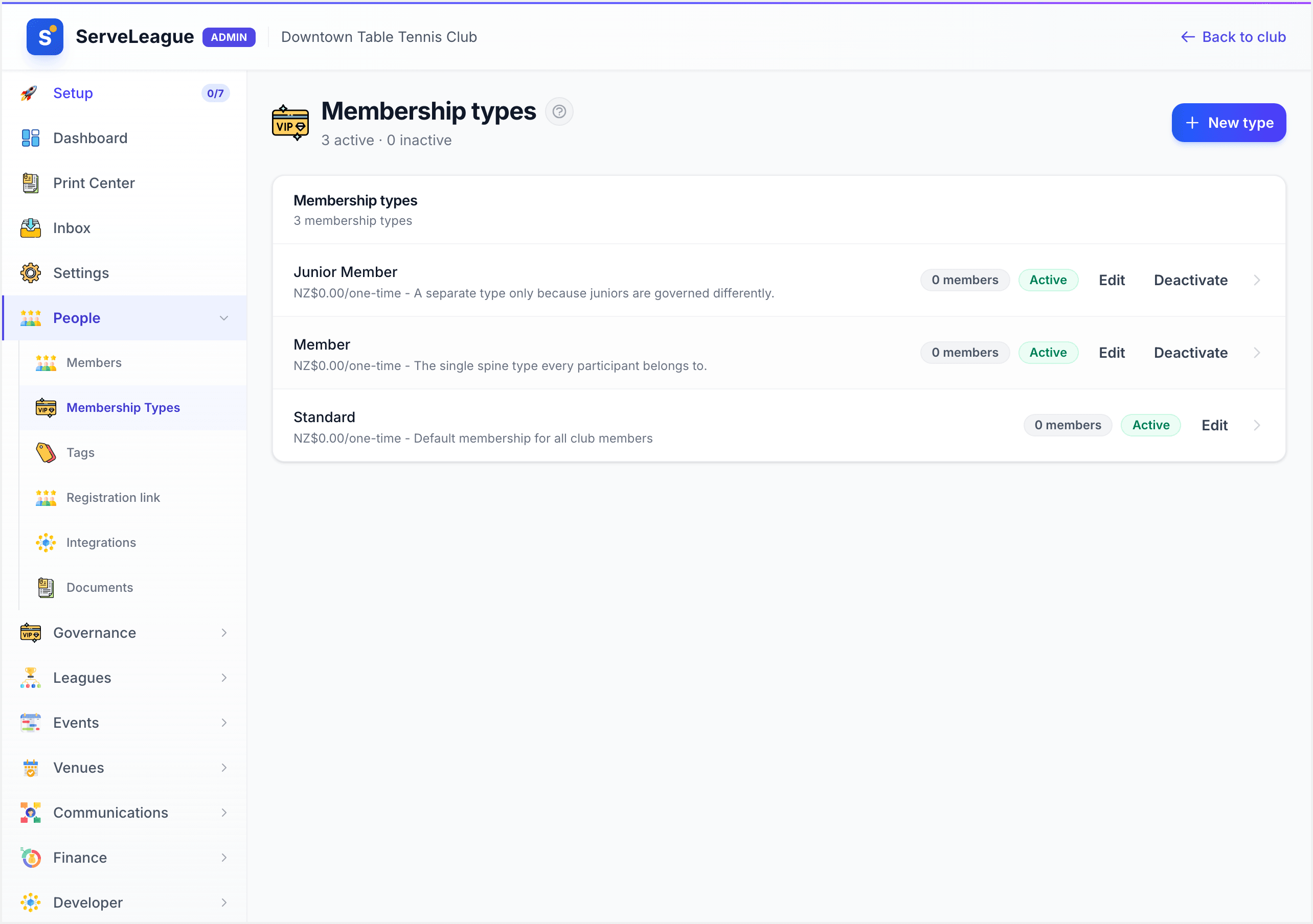 The Membership Types admin listing just two types — a single spine type plus a junior tier