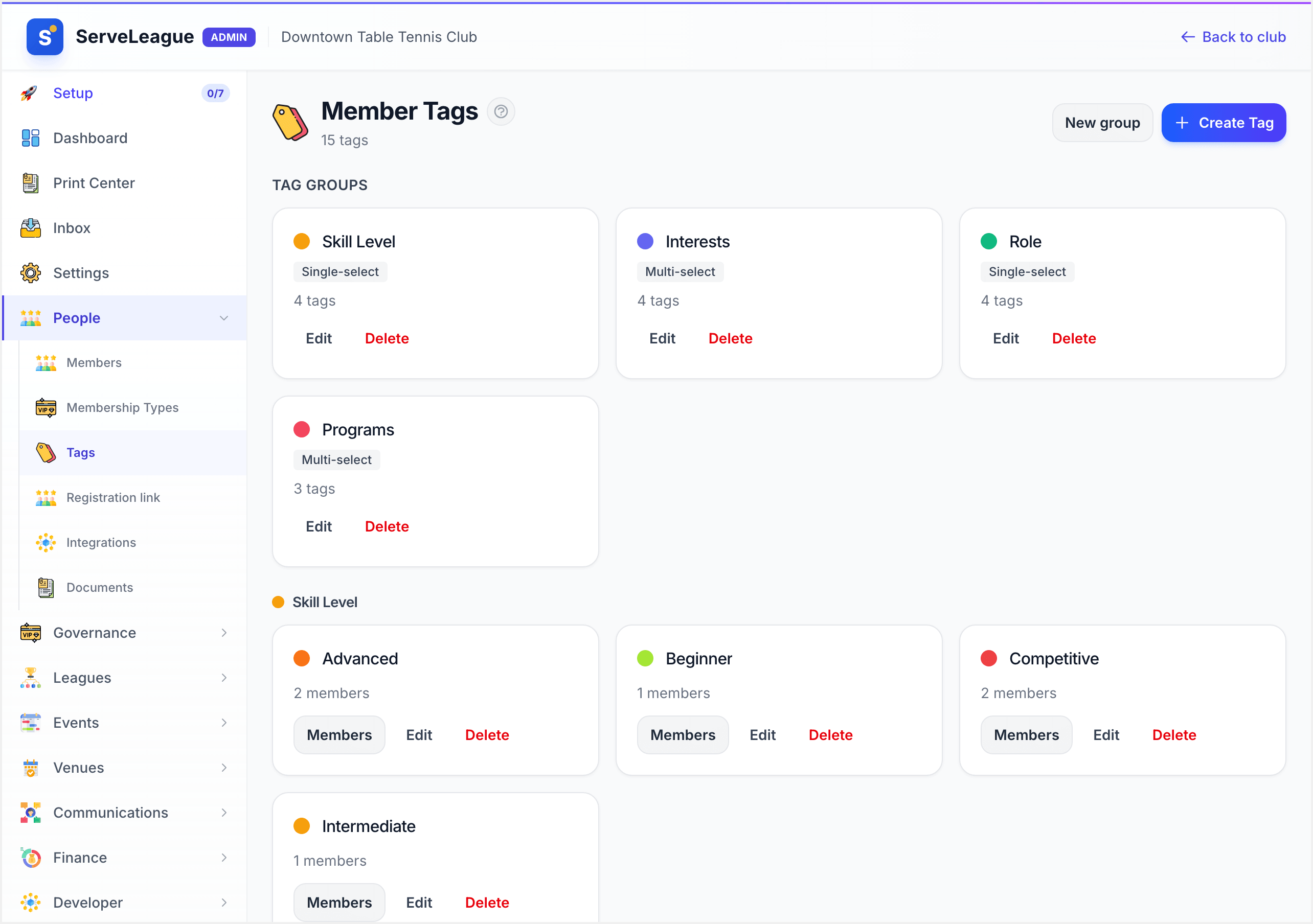 The Tags admin showing tags organised into groups, each with its selection mode and member counts