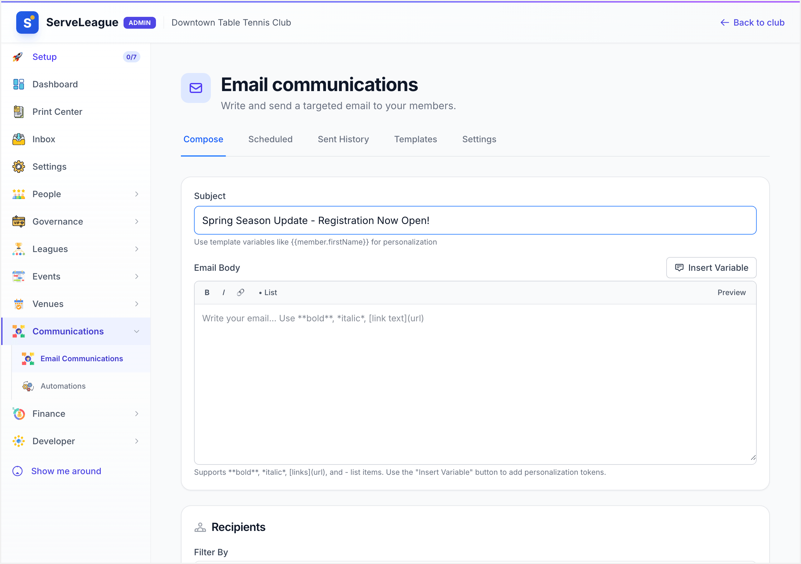 The compose form with subject line and rich text editor for writing email content