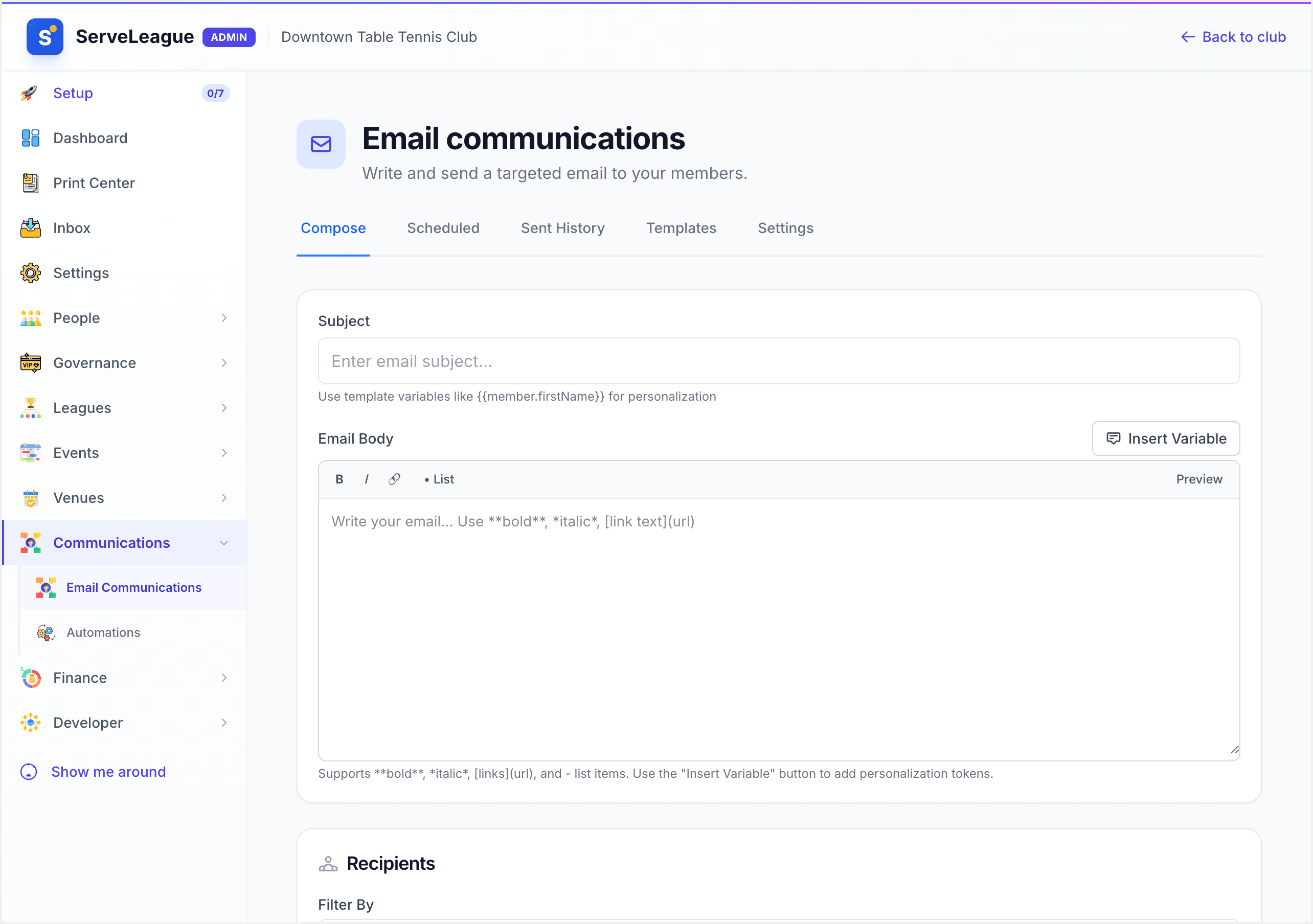 The communications dashboard showing stat cards for emails sent, open rate, active tags, and draft campaigns