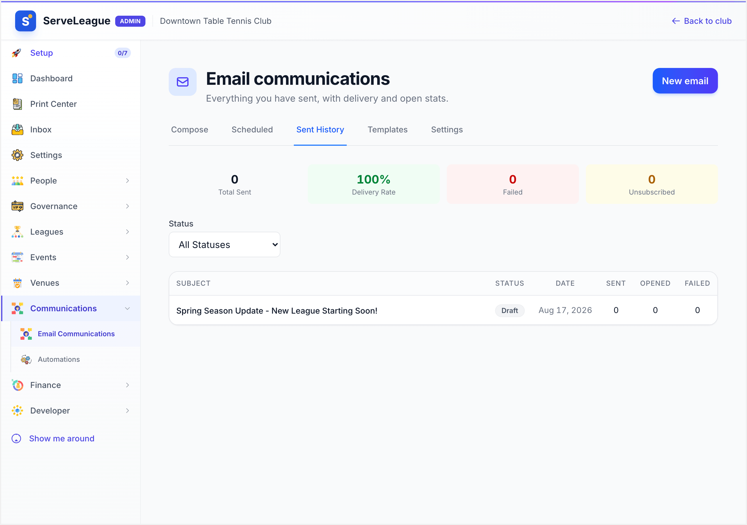 The sent history page showing campaign rows with status badges and delivery stats