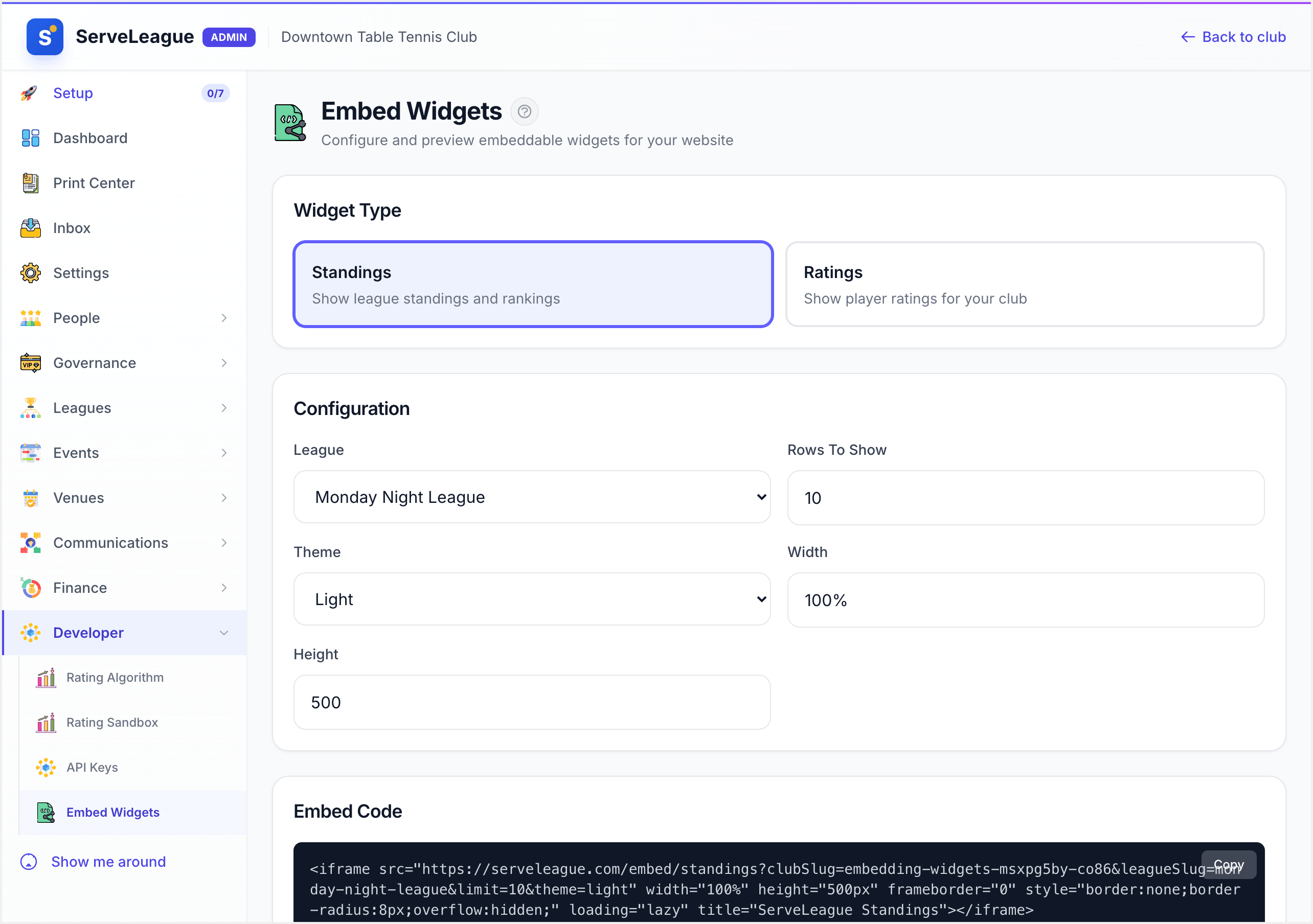The generated embed code with the copy button highlighted