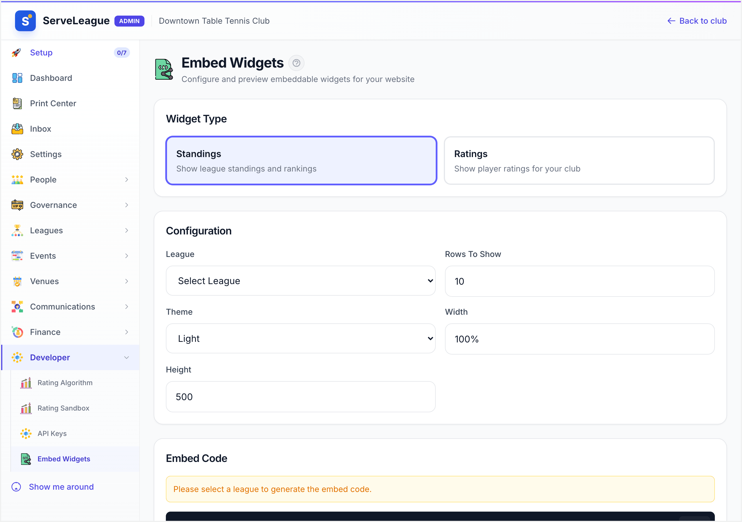Overview of the two available widget types, standings and ratings