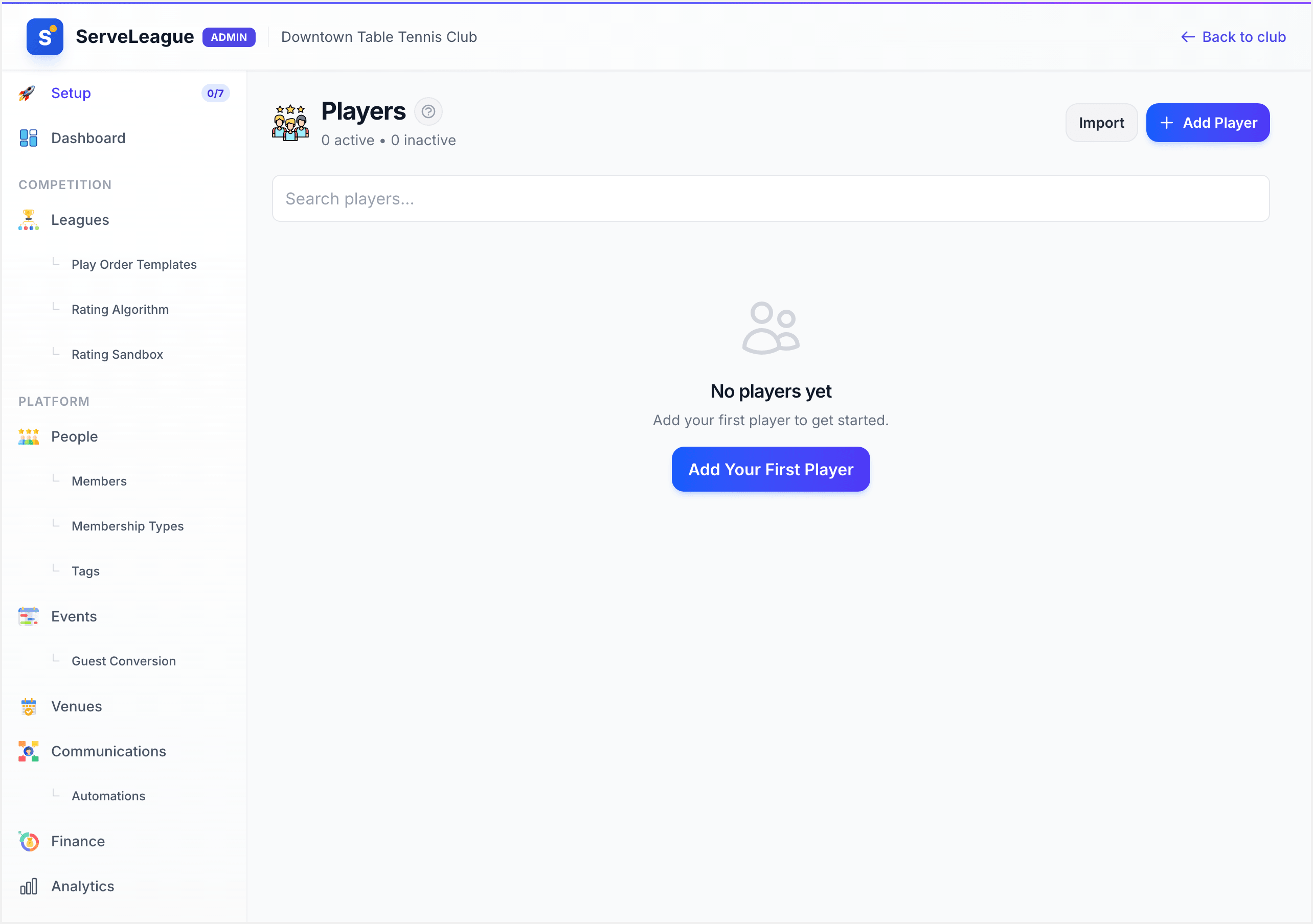 Players page with Import button highlighted in the top-right corner