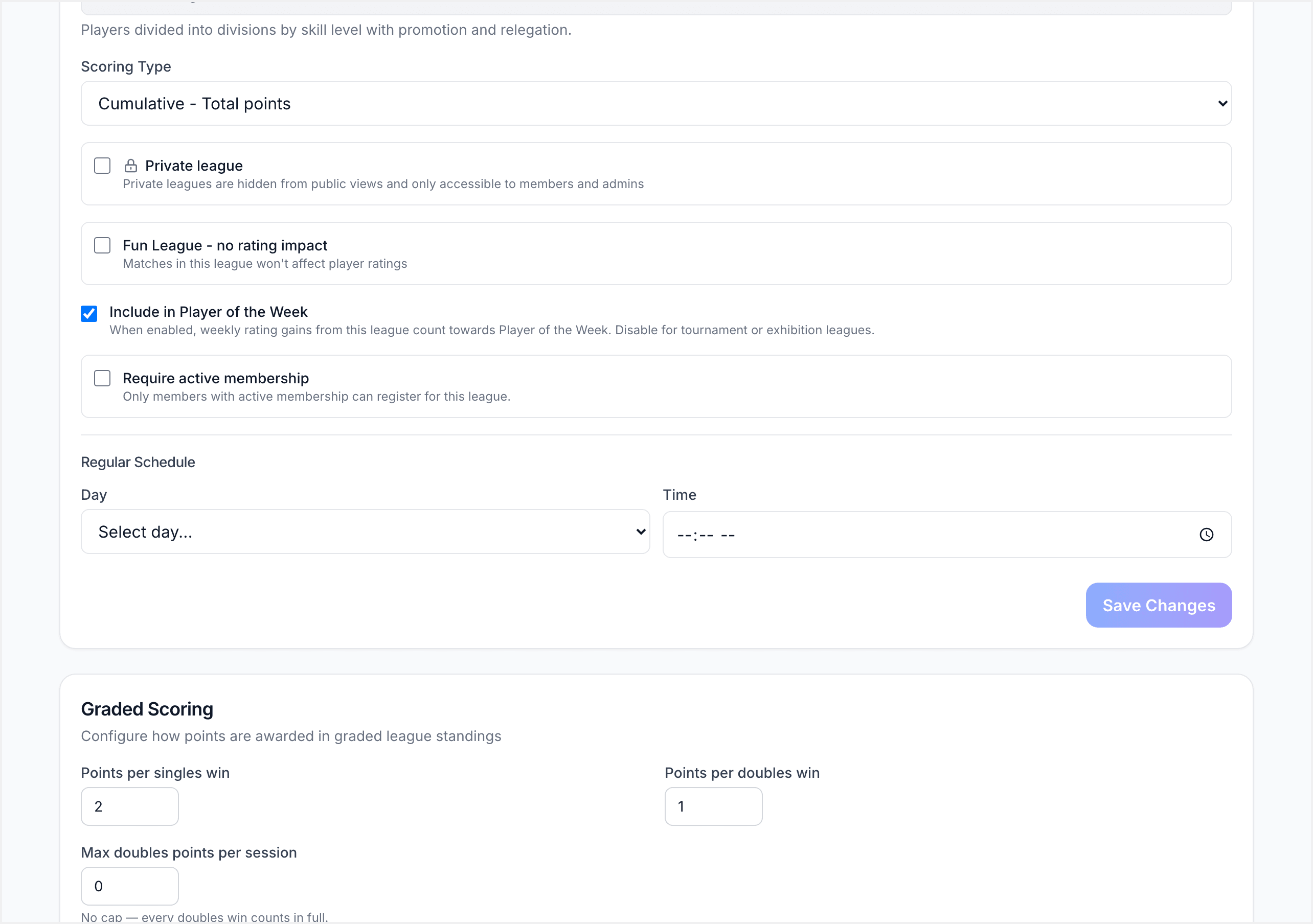General settings panel with schedule, ratings, and membership toggles