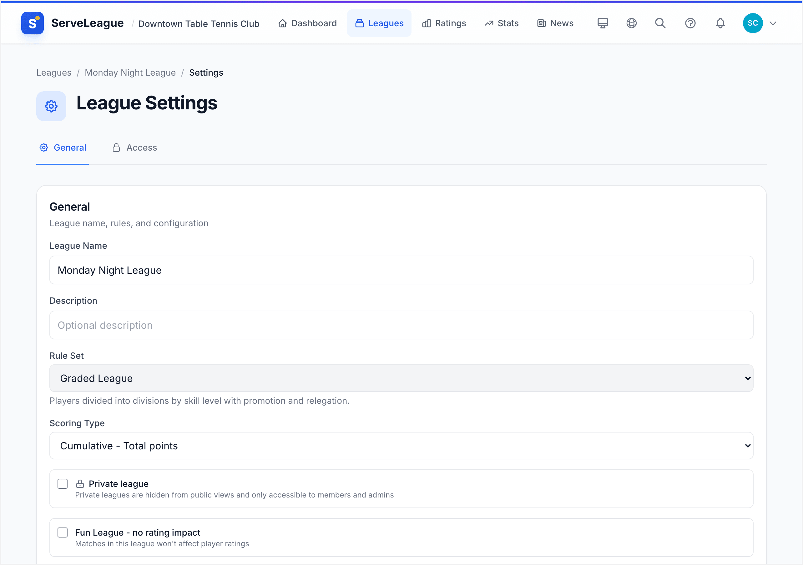 League settings page showing the General and Access tabs