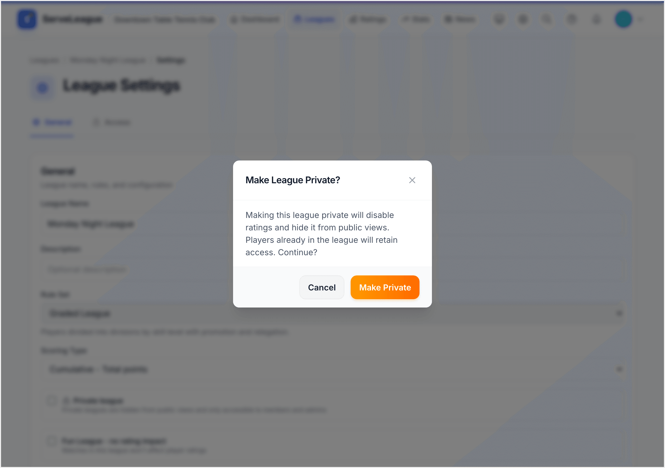 Visibility switch with confirmation dialog explaining private league restrictions