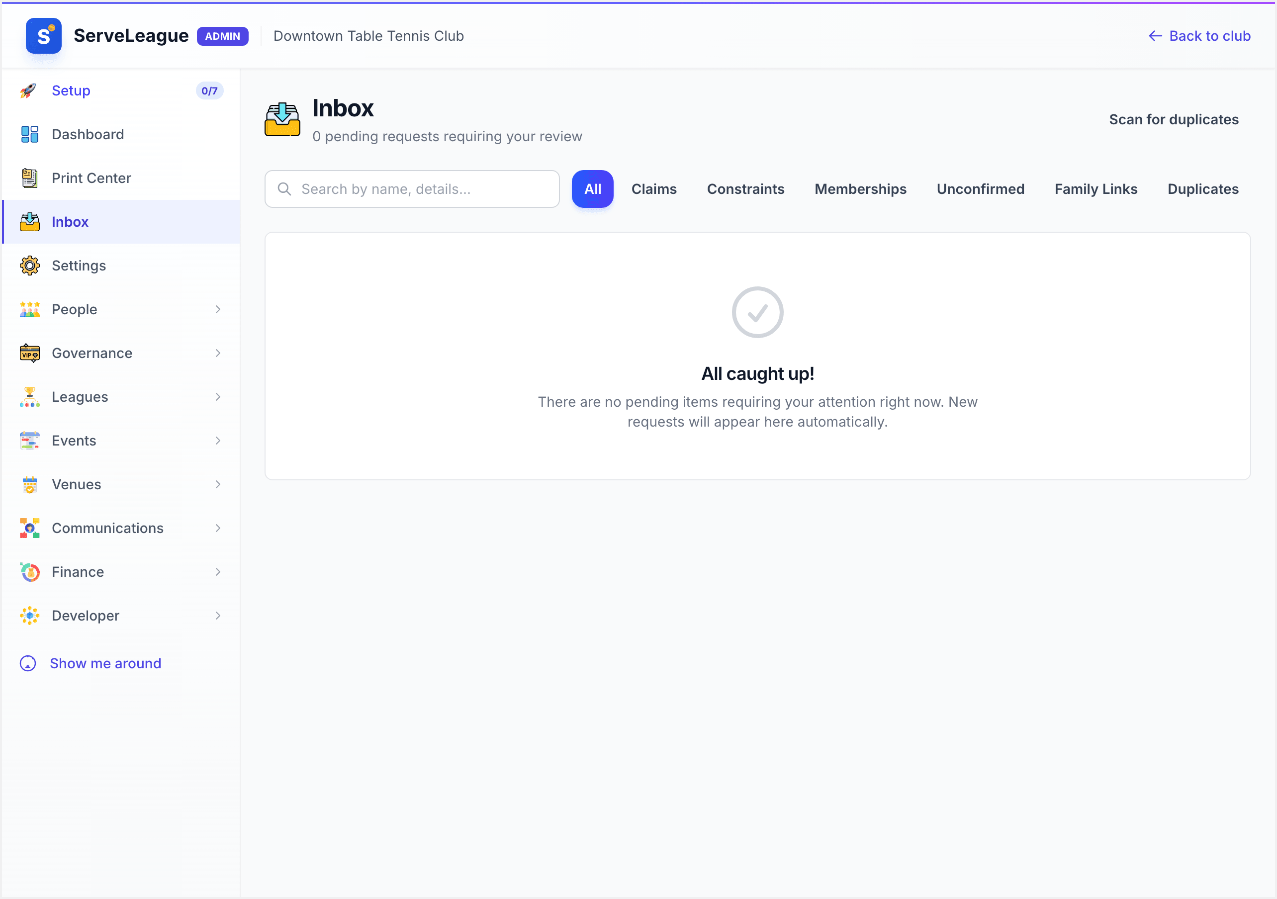 The admin inbox showing a pending profile claim ready to review