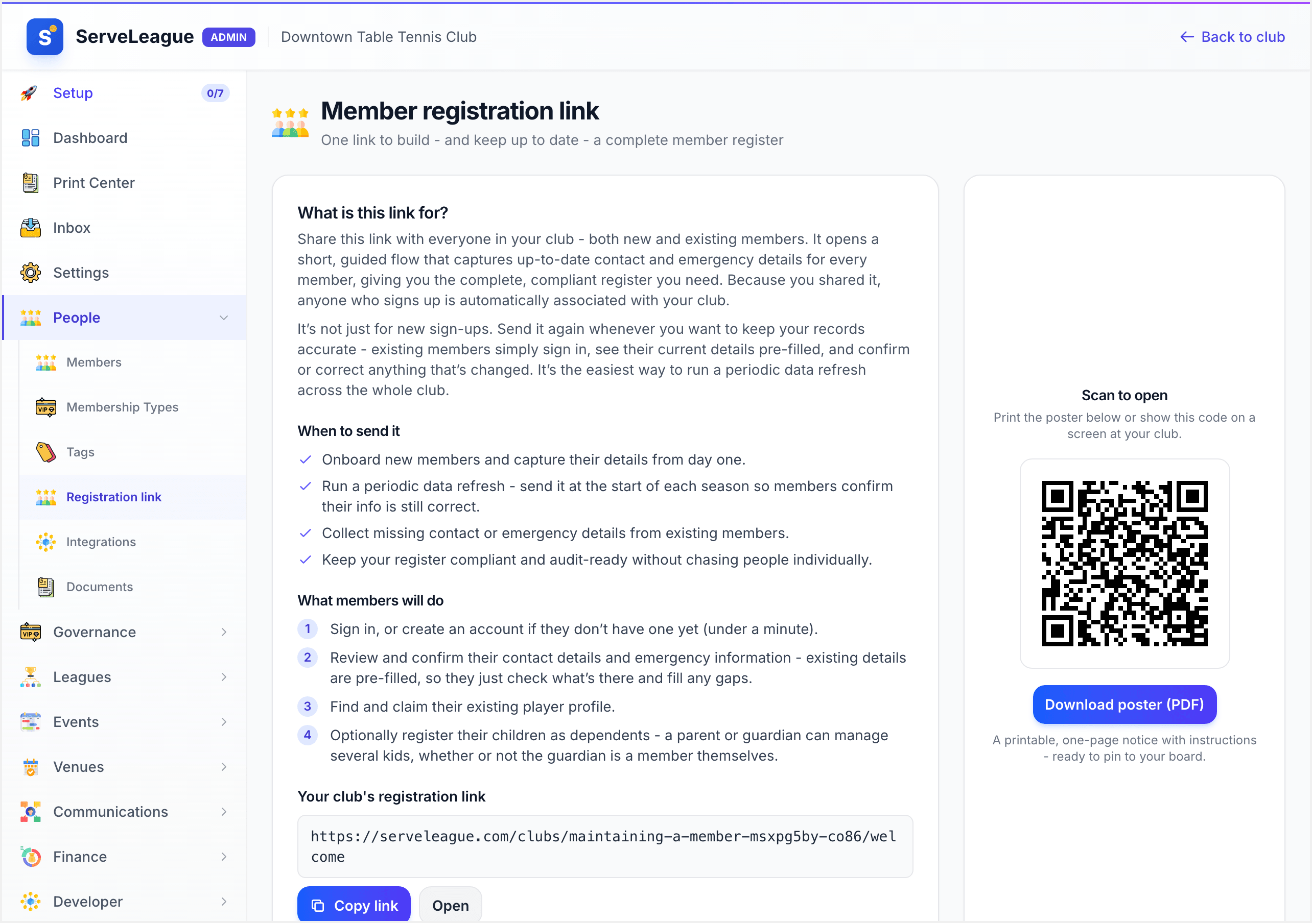 The Member registration link page showing the shareable welcome link, a Copy link button, and a QR code