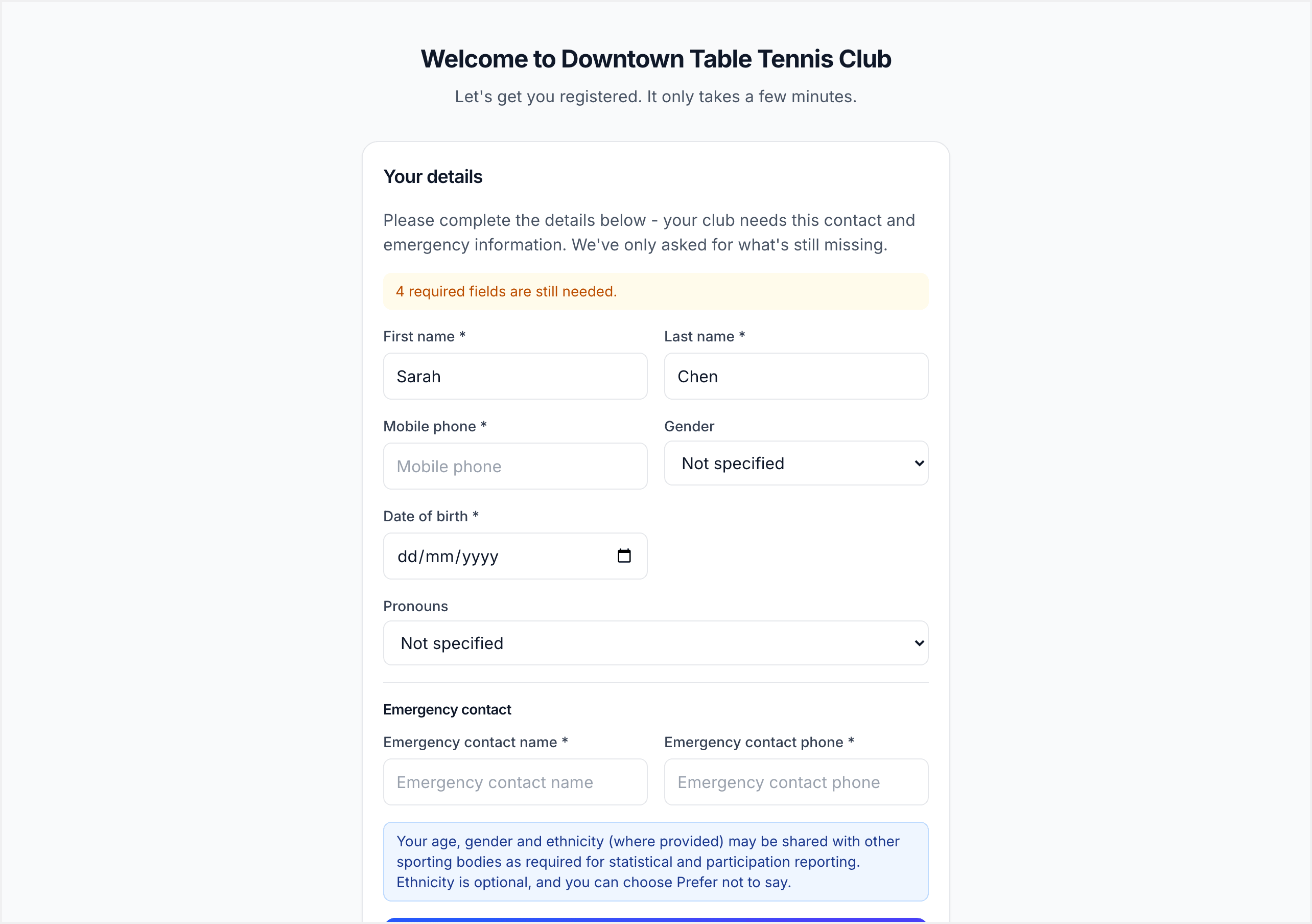 The public welcome page greeting a member and starting the account step