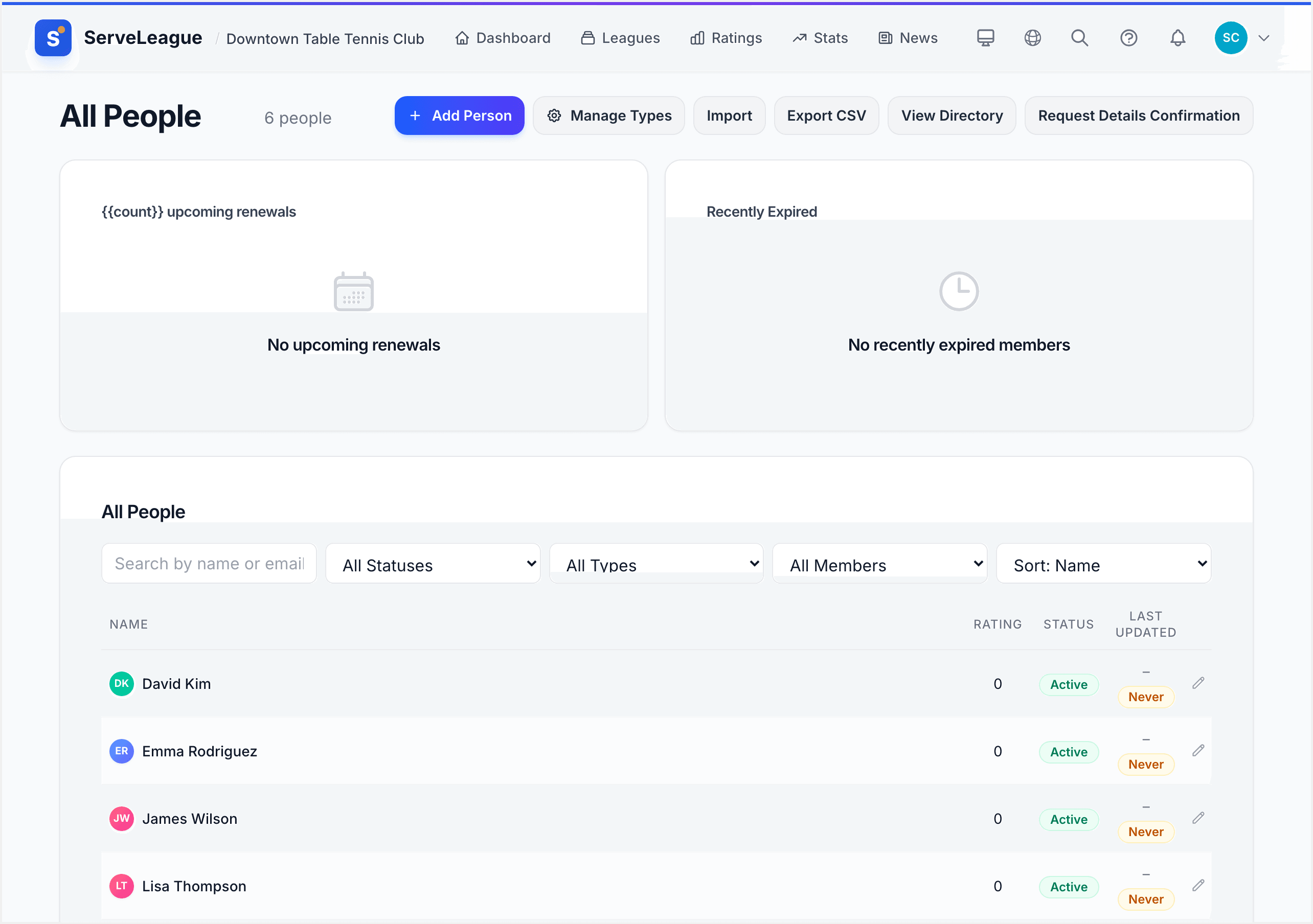Membership management page showing active members, payment status, and renewal tracking
